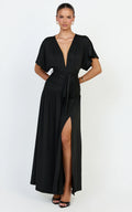 Liana Maxi Dress - Wide Sleeve Tie Waist Maxi Dress in Black