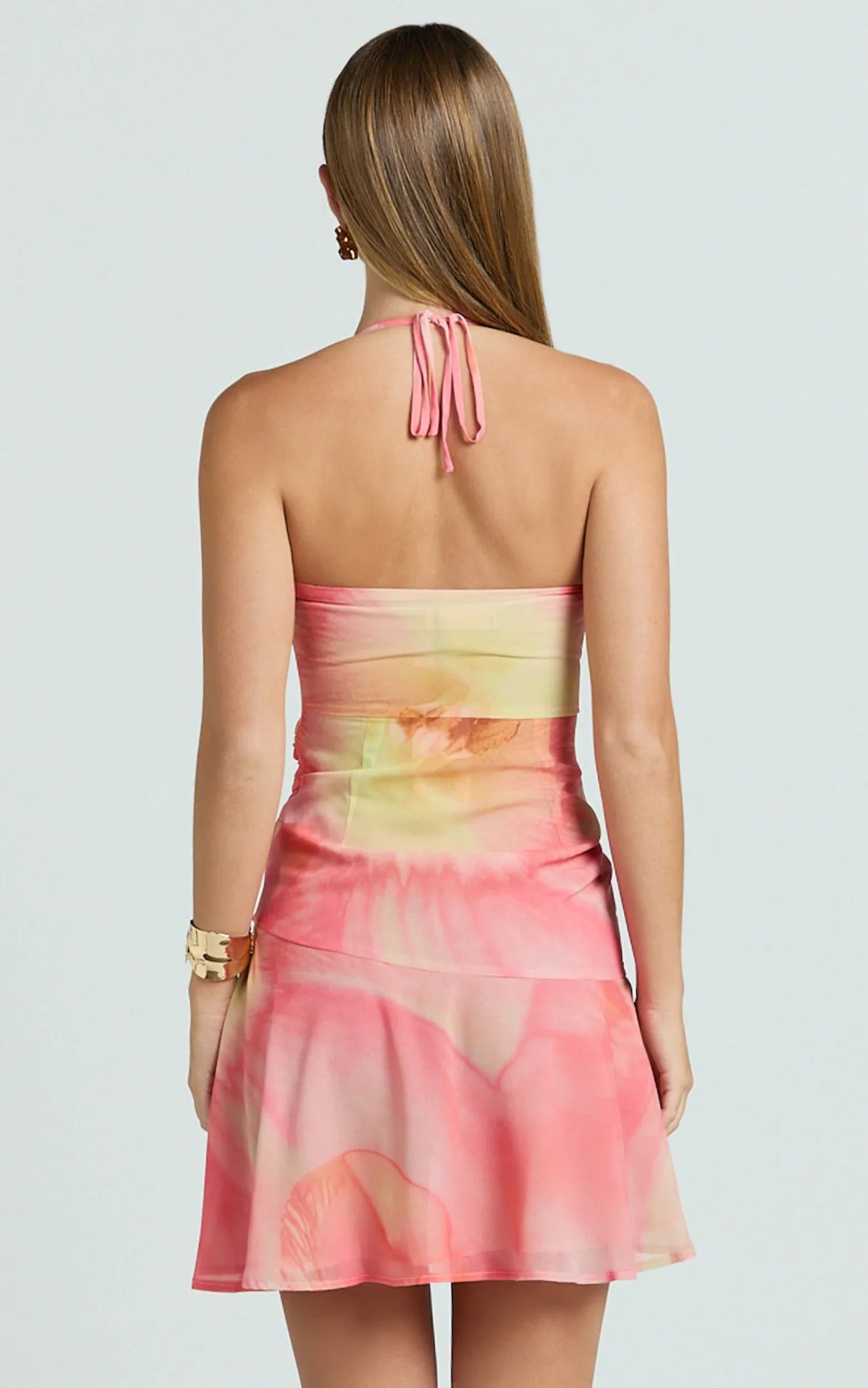 Charlie Mini Dress - Shirred Polka Dot Halter Dress in Regency Floral