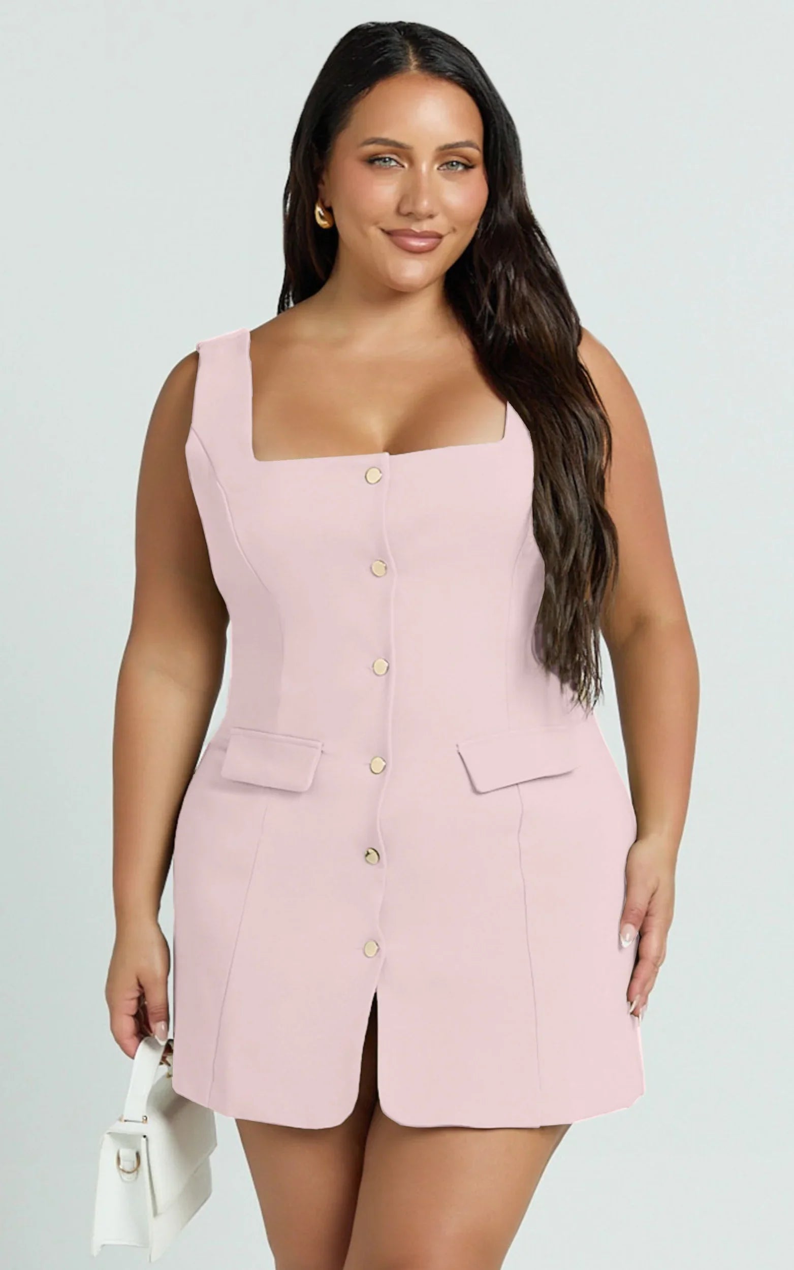 Kenna Mini Dress - Square Neck Button Down Mini Dress in Pink
