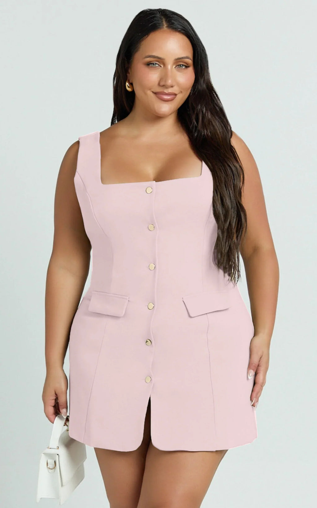 Kenna Mini Dress - Square Neck Button Down Mini Dress in Pink