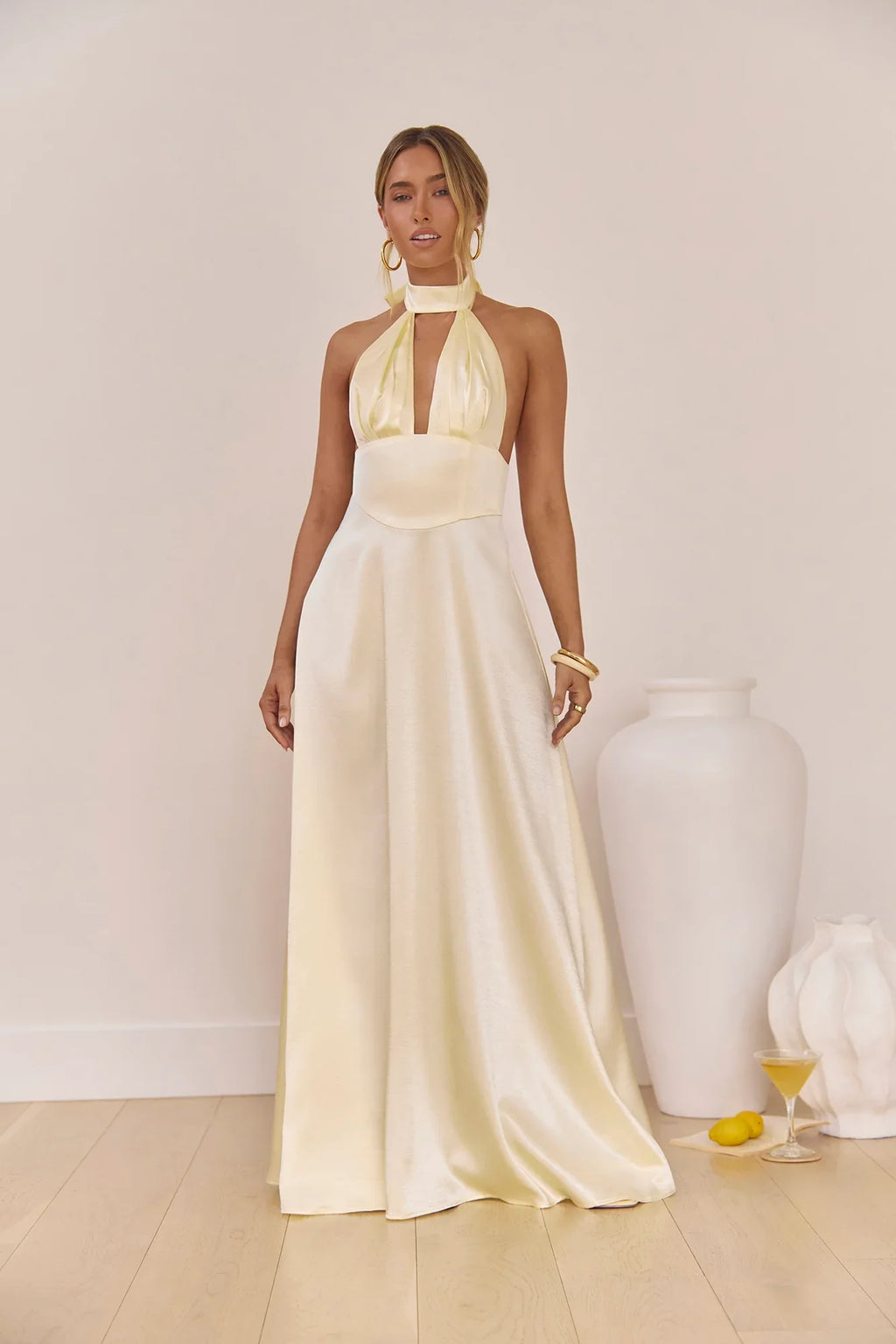 Hour Of Love Satin Halter Maxi Dress Yellow