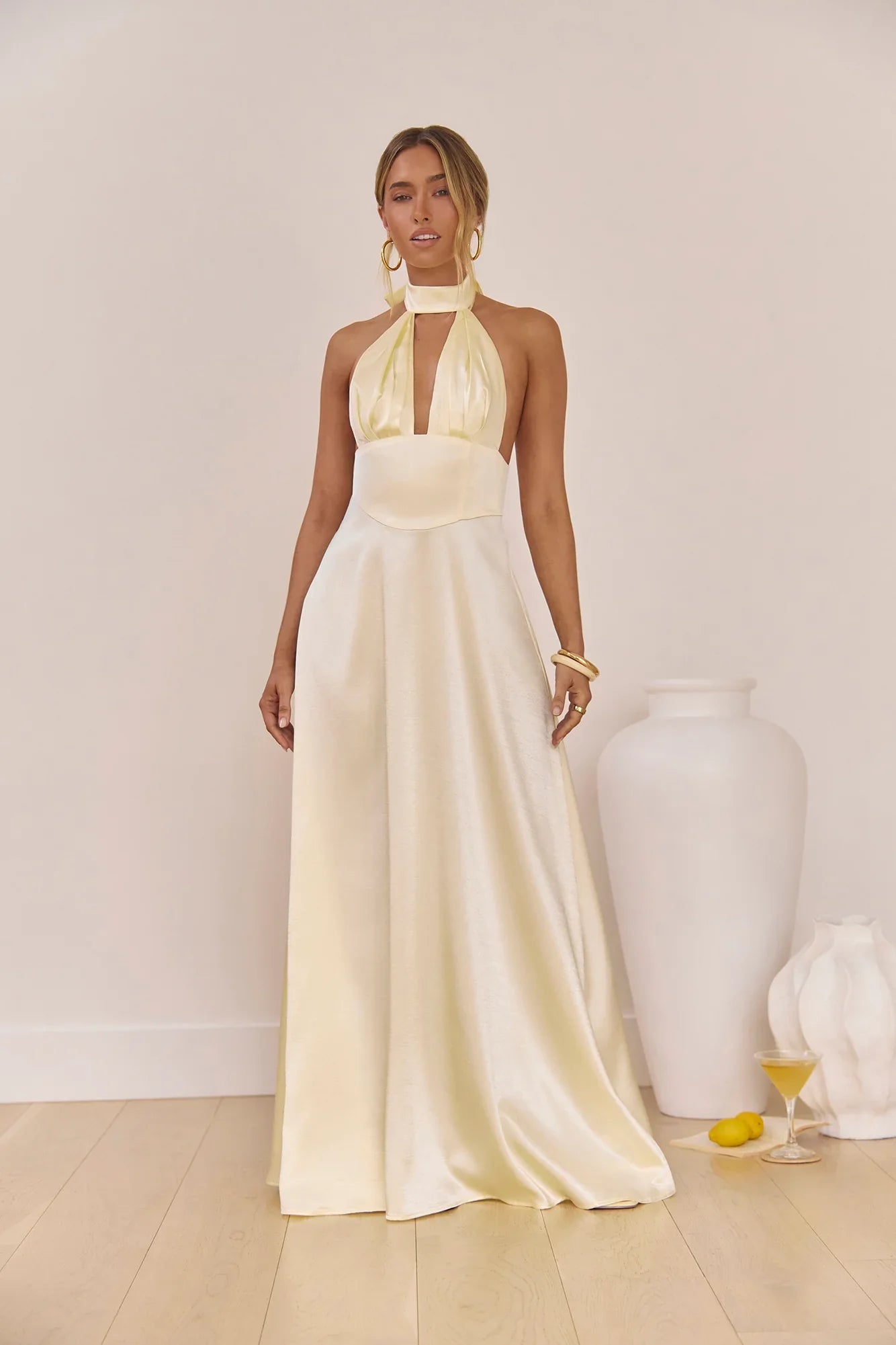 Hour Of Love Satin Halter Maxi Dress Yellow