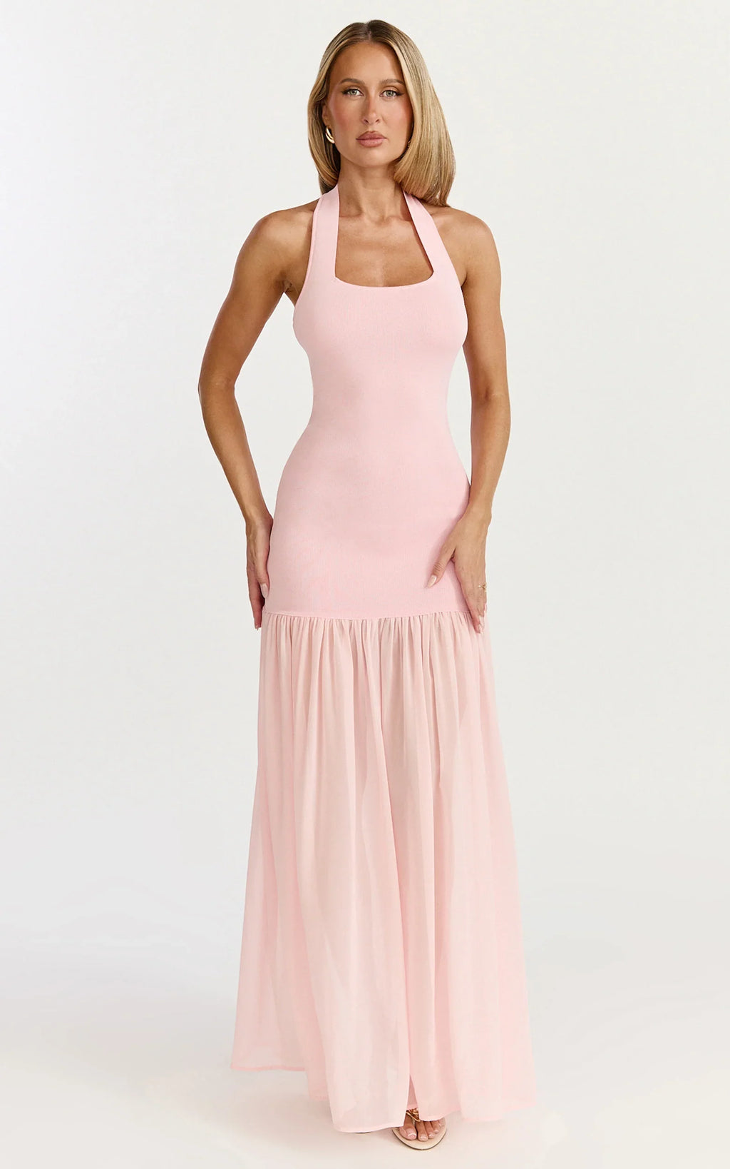 Barbara Maxi Dress - Halter Scoop Neck Contrast Georgette Dress in Pink