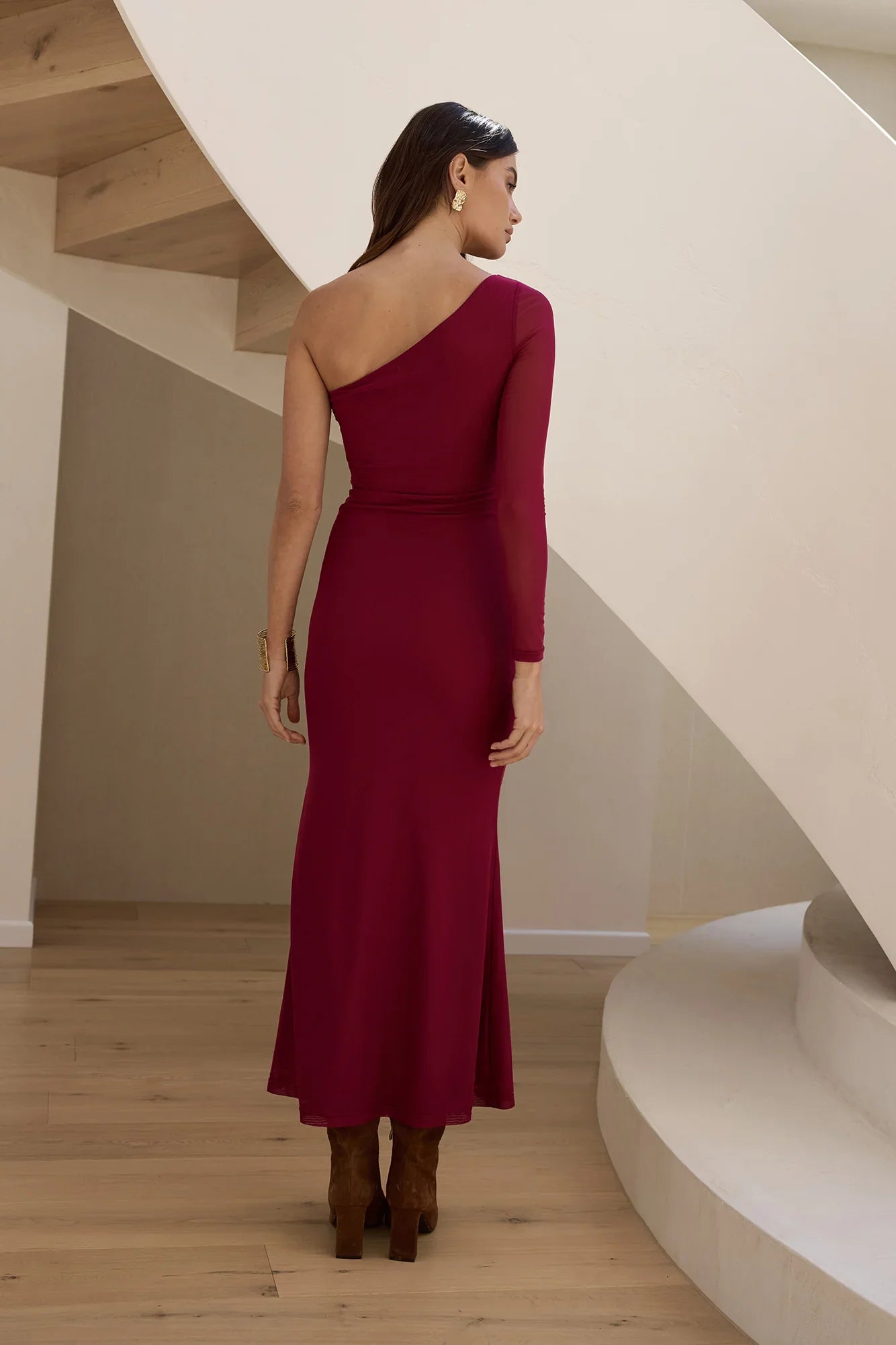 Moment Of Clarity One Shoulder Mesh Maxi Dress Plum