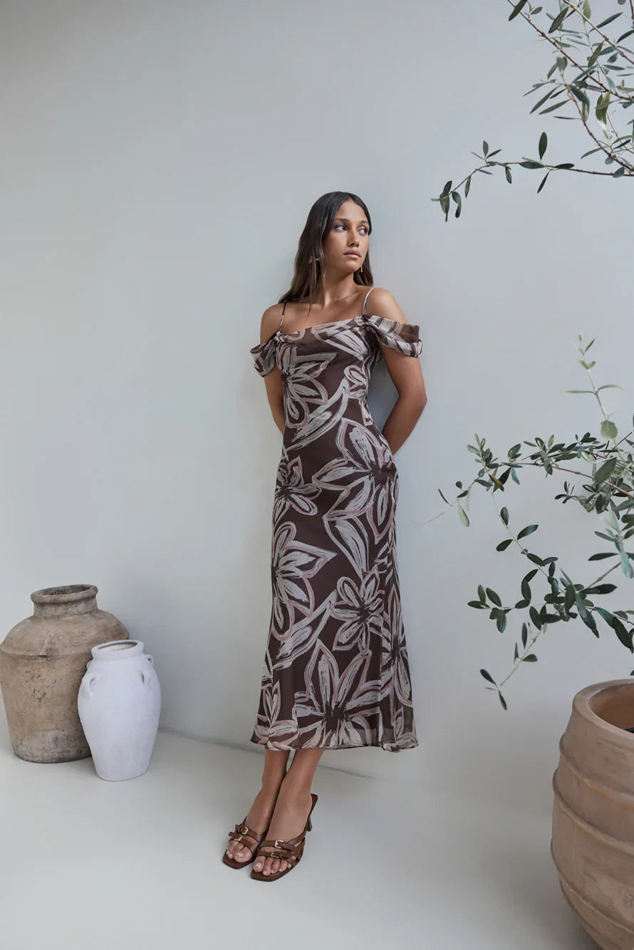 Desert Flower Off Shoulder Maxi Dress Brown