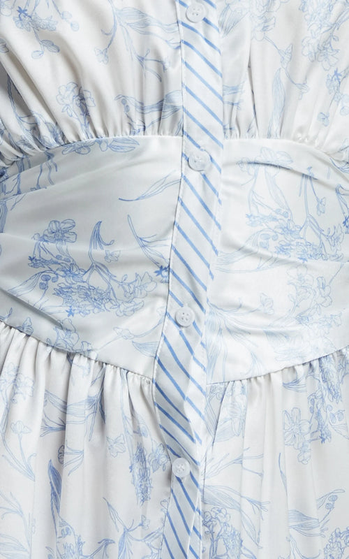 Amabella Mini Dress - 3/4 Sleeve Collared Button Up Dress in Blue