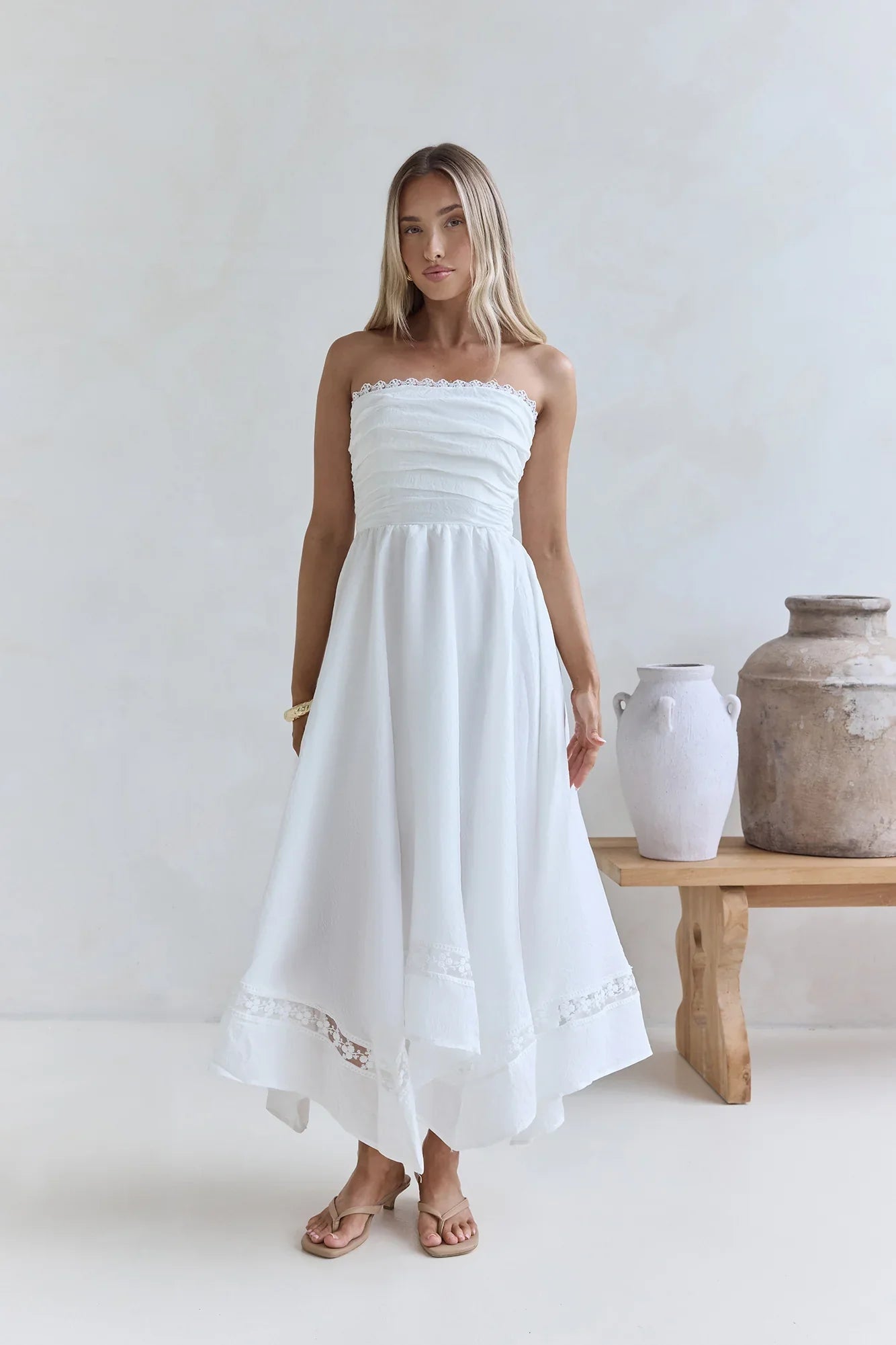 Lucia Strapless Midi Dress White