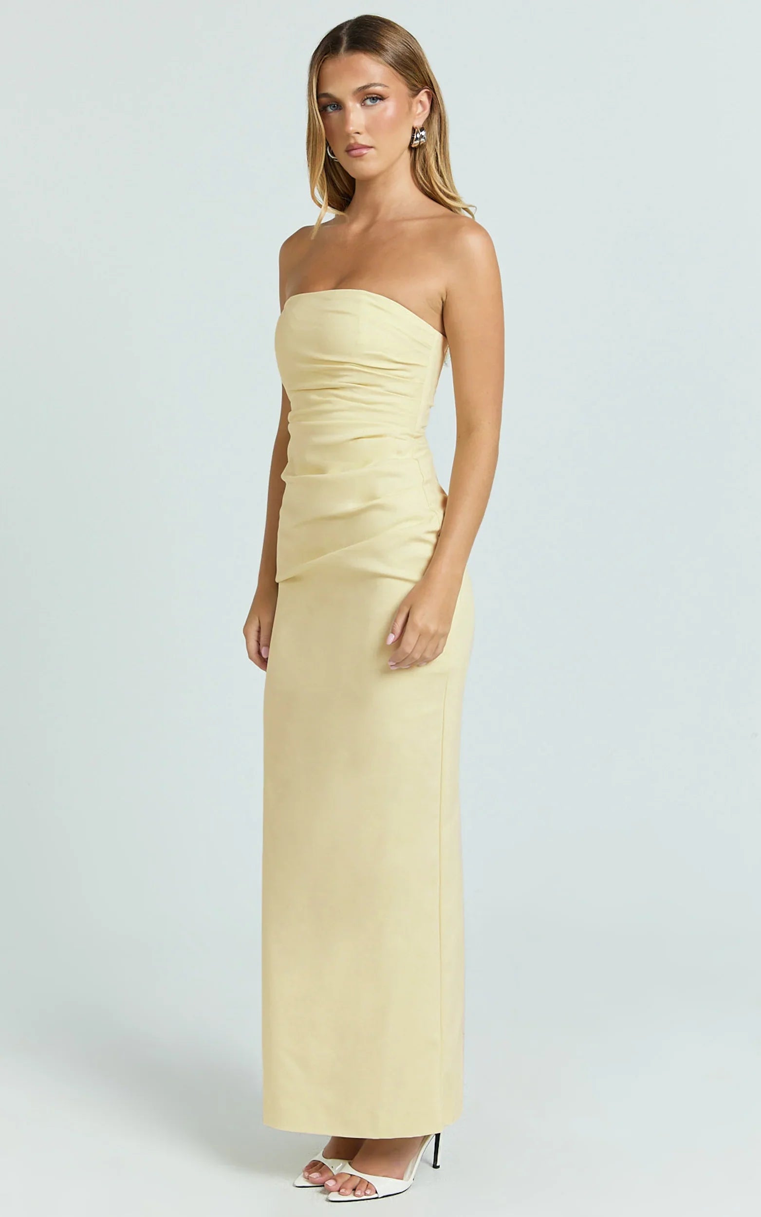 Jamie Maxi Dress - Strapless Ruched Fitted Column Dress in Lemon