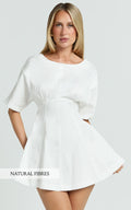 Dylan Mini Dress - High Boatneck Sleeved Fit And Flare Skirt Dress in White