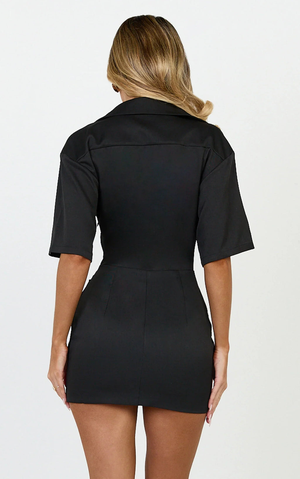 Leora Mini Dress - Button Front Draped Cowl Waist Dress in Black