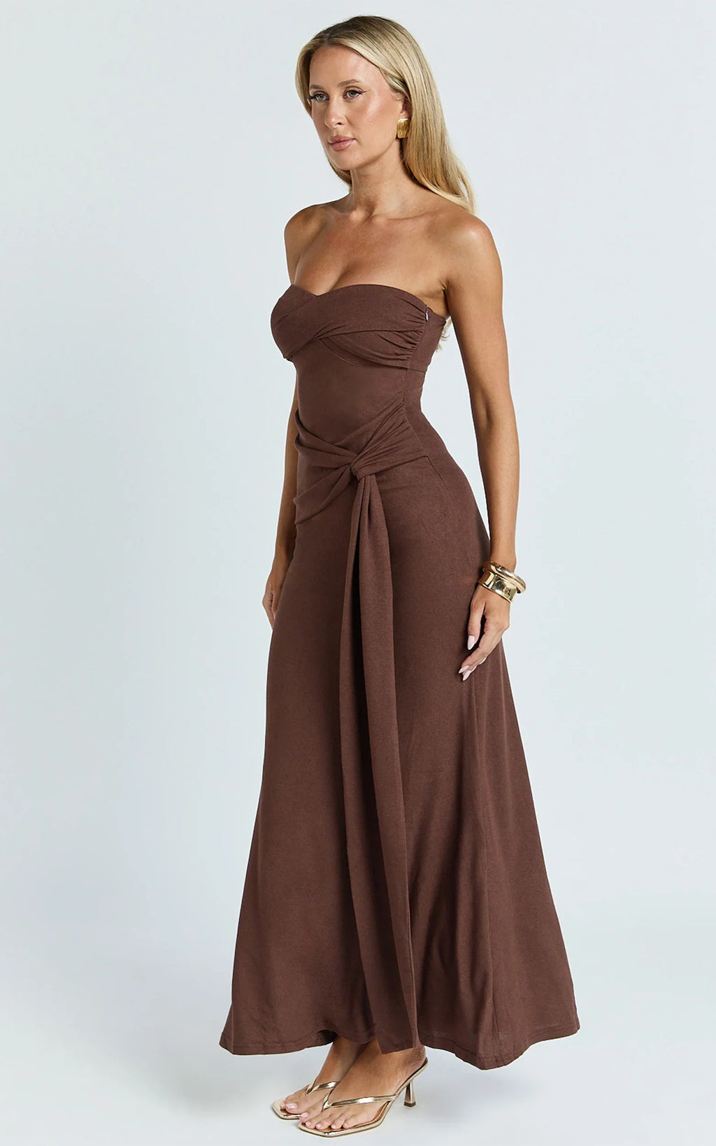 Aria Midi Dress - Strapless Tie Waist Dress in Chocolate