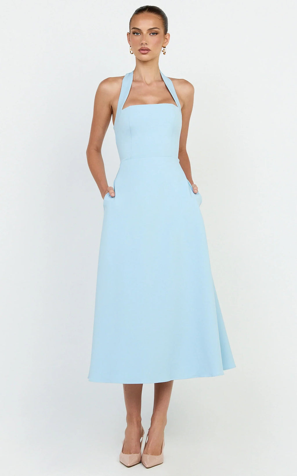 Karissa Midi Dress - Halter Neck Fitted Bodice Midi Soft A Line Skirt Dress in Pale Blue