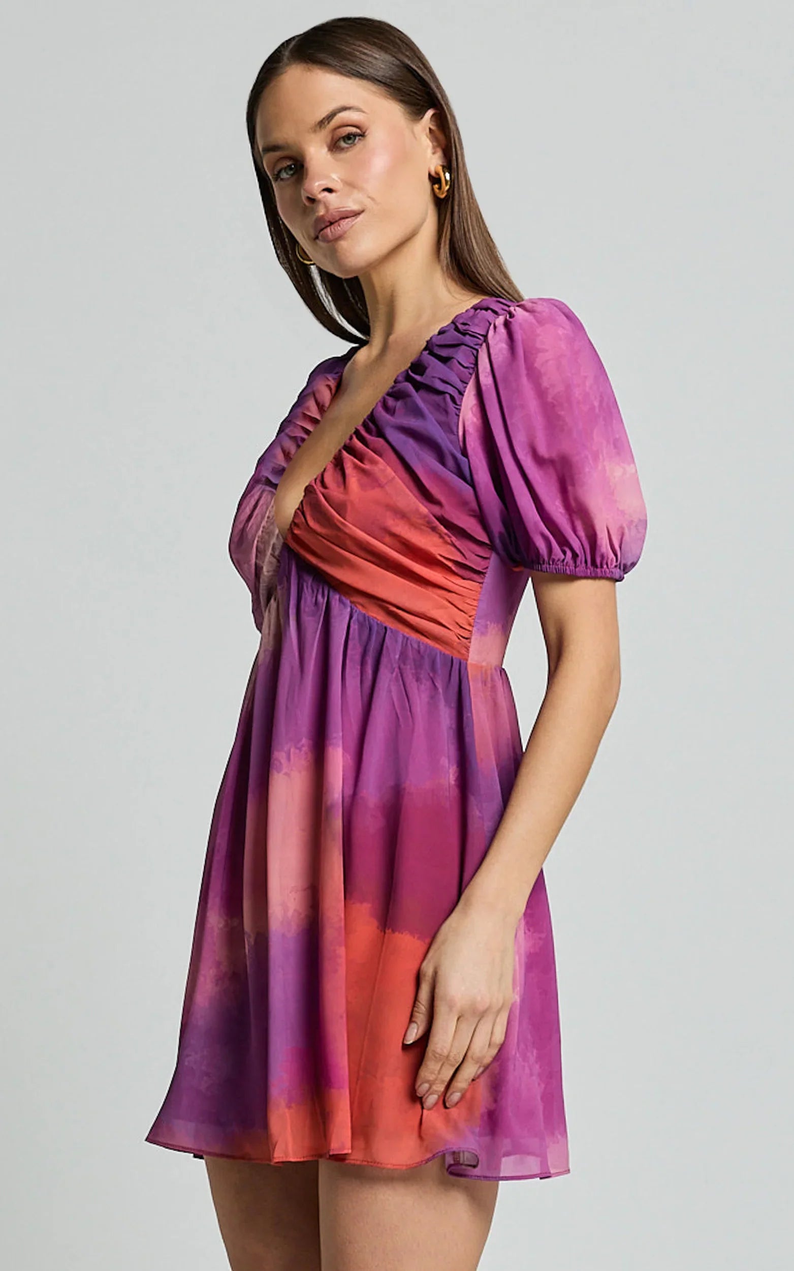 Kennedy Mini Dress - Recycled Polyester V Neck Puff Sleeve Dress in Coral Mirage Print