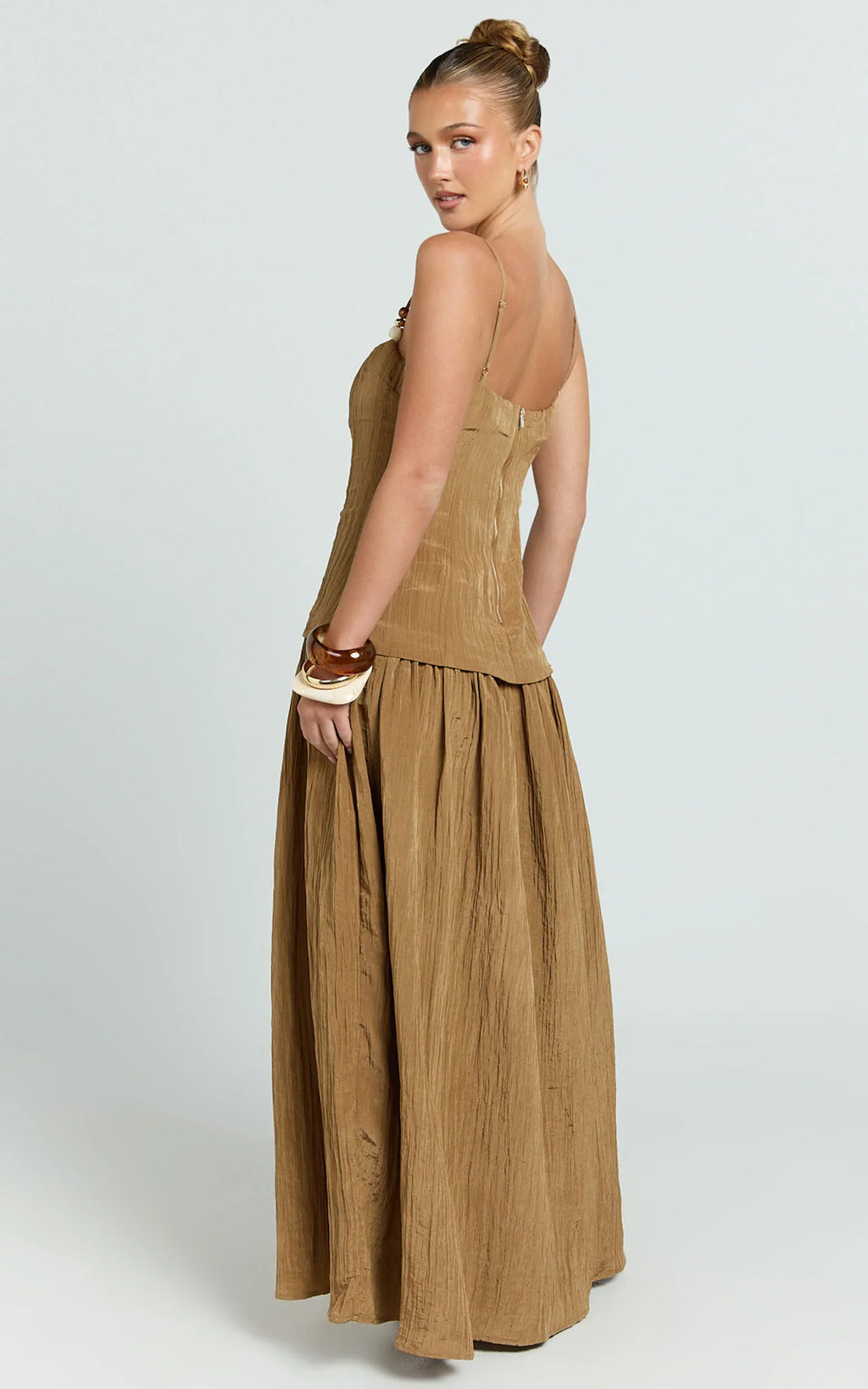 Edie Maxi Dress - Straight Neck Gathered Drop Waist Dress in Brown