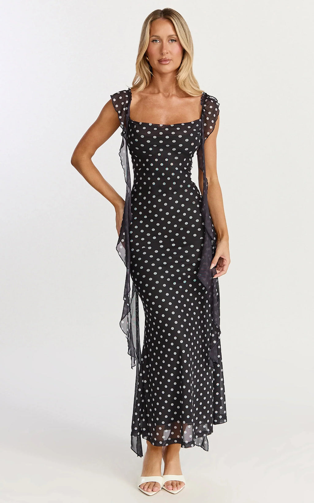 Rosha Midi Dress - Ruffle Strap Dress in Black Polkadot
