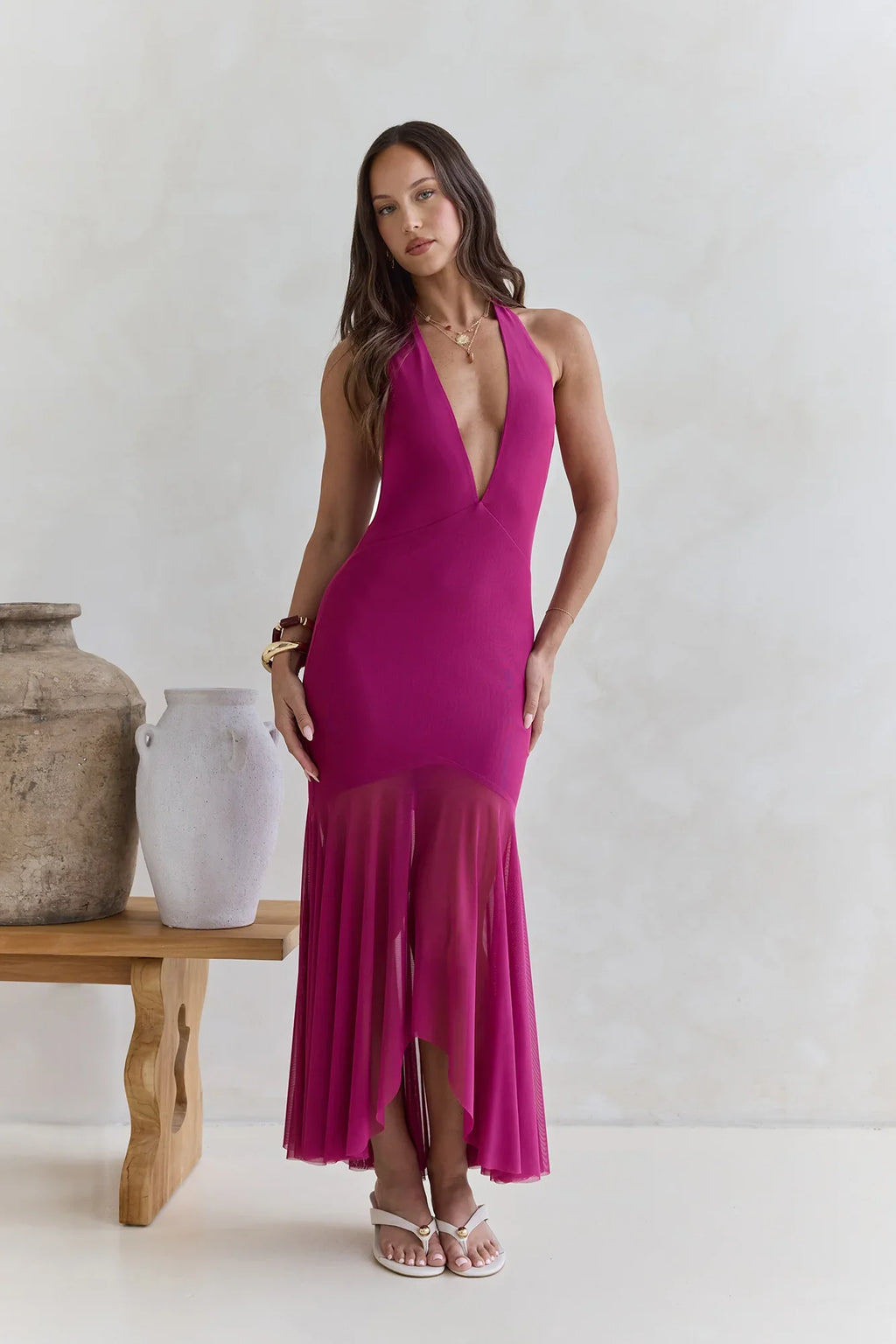 No Reason Mesh Halter Maxi Dress Plum