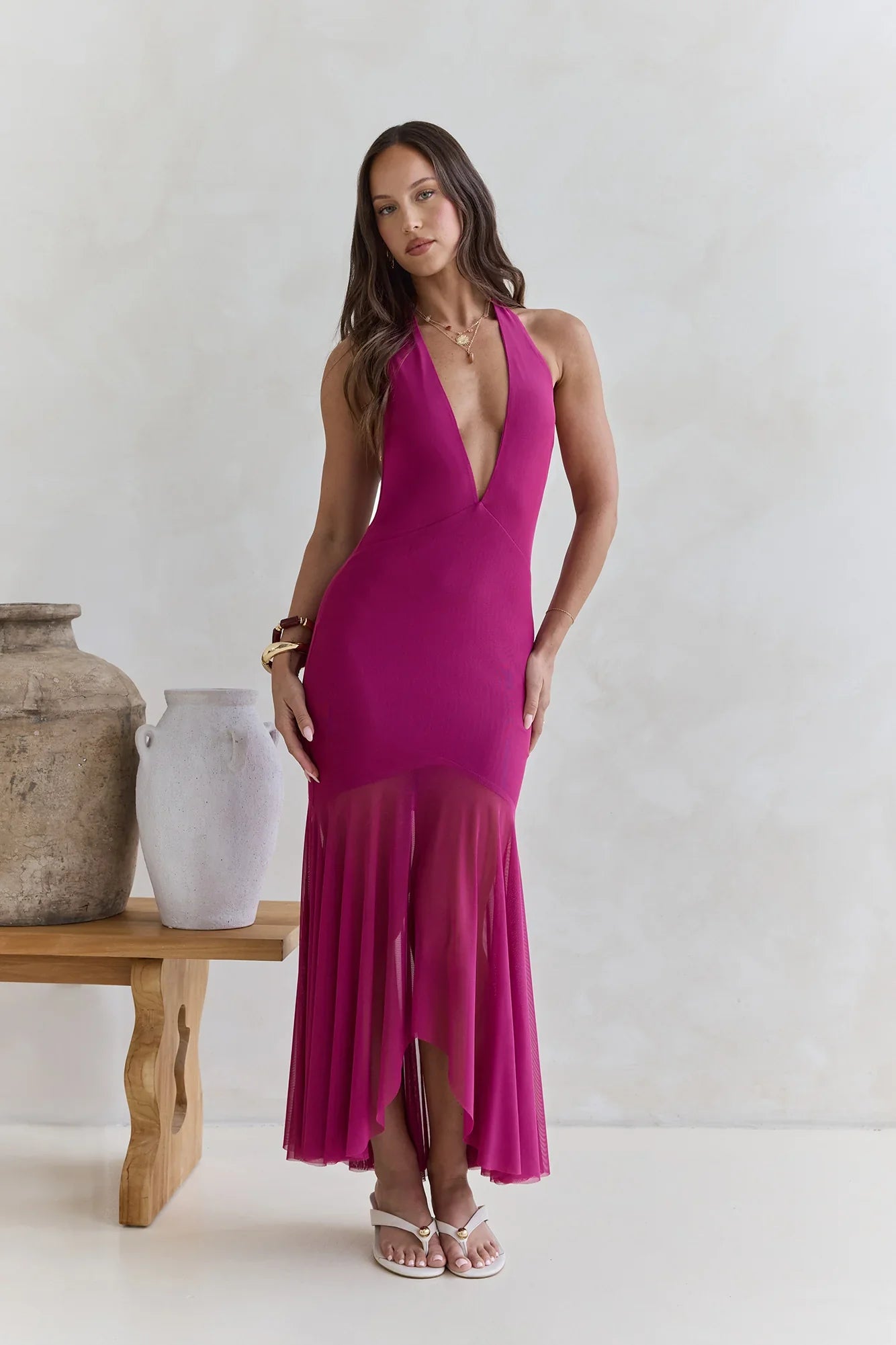 No Reason Mesh Halter Maxi Dress Plum