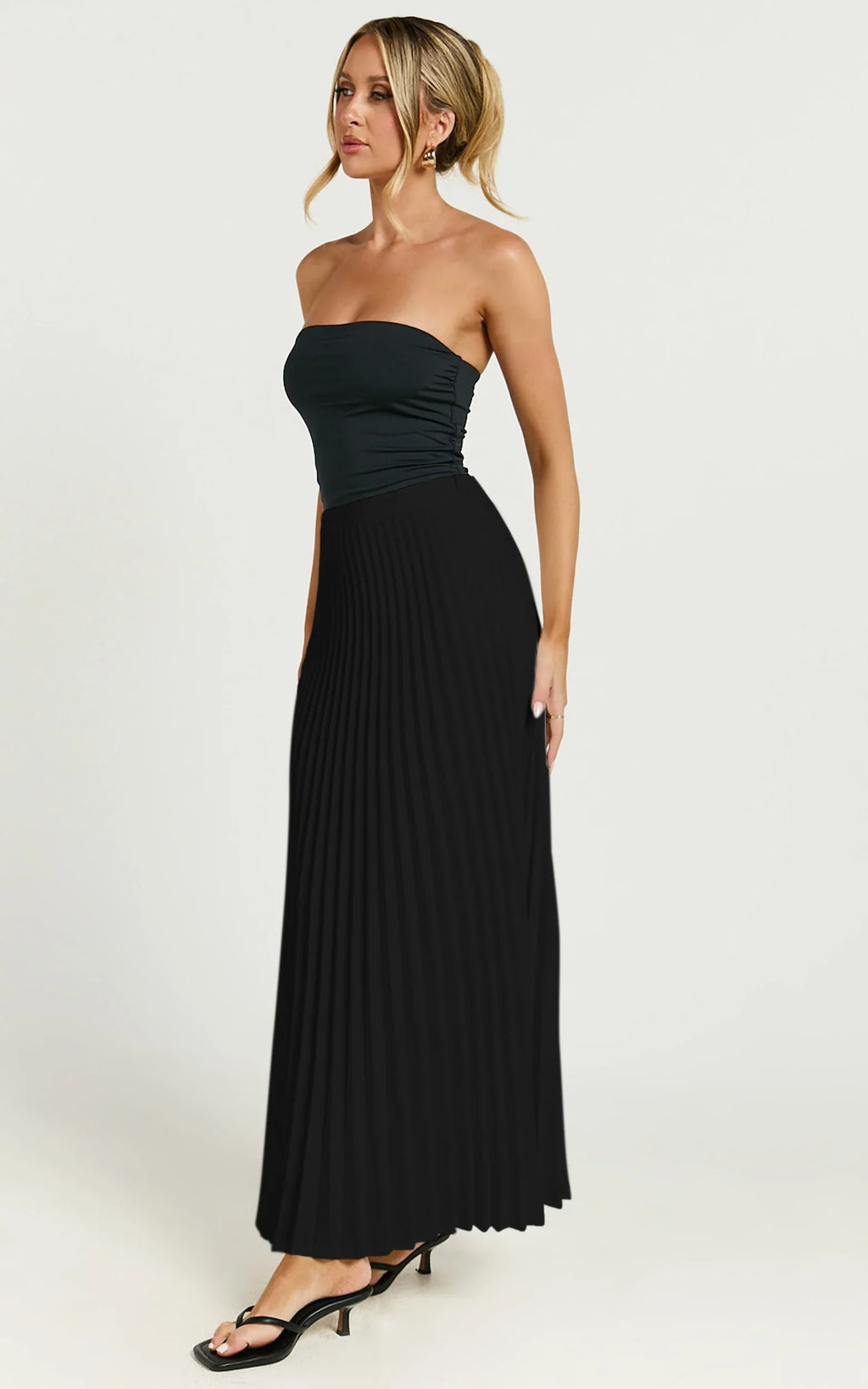 Harlee Midi Skirt - Pleated High Waist A Line Skirt in Black