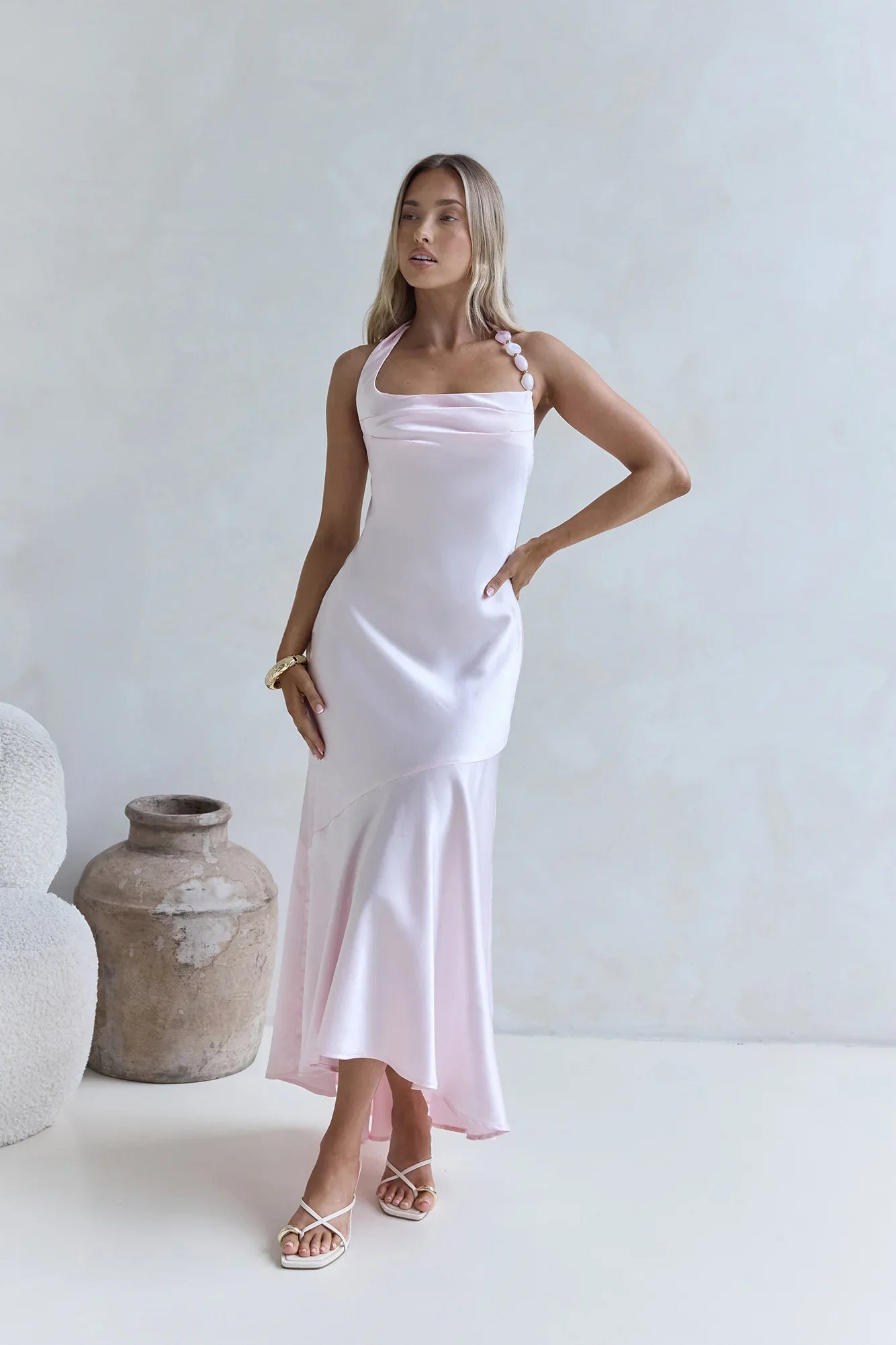 Lucky In Life Satin Halter Maxi Dress Pink