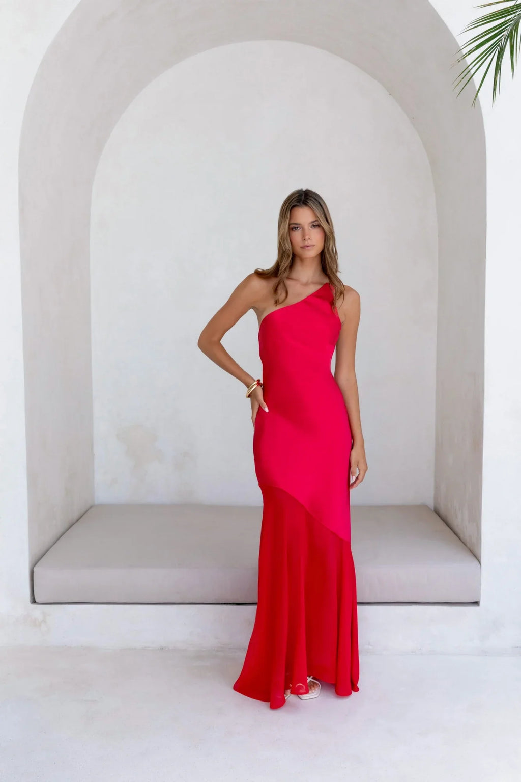 Chase The Thrill One Shoulder Satin Maxi Dress Red