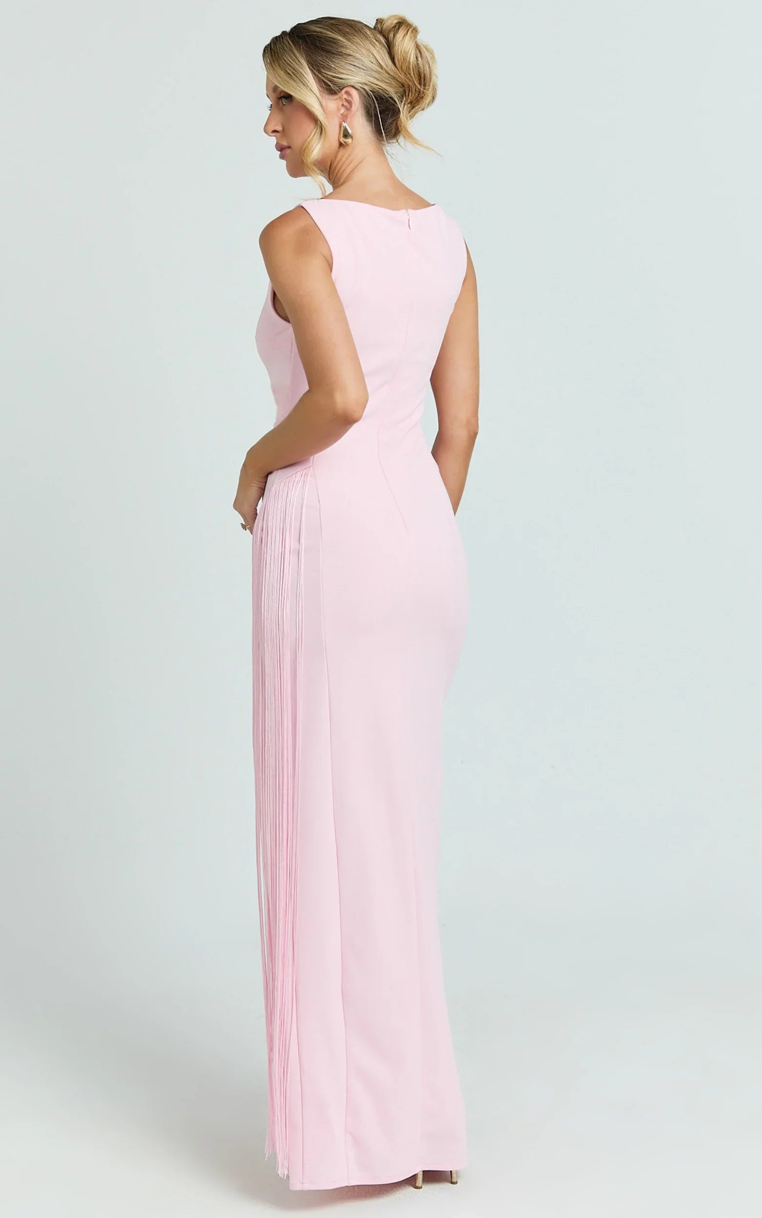 Joanne Maxi Dress - Scoop Neck Fringe Dress in Pink