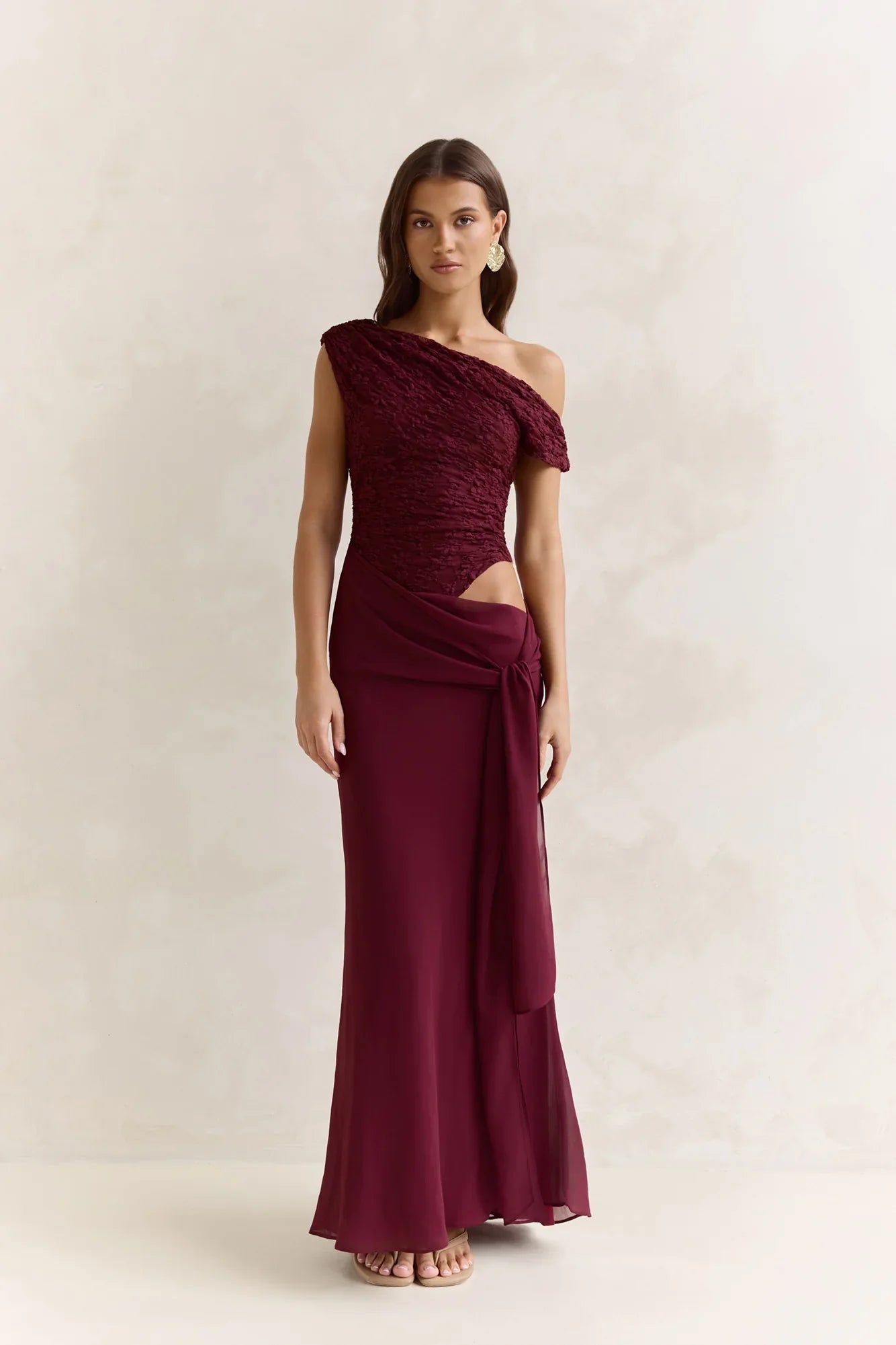 Modernity Mesh Off Shoulder Maxi Dress Burgundy