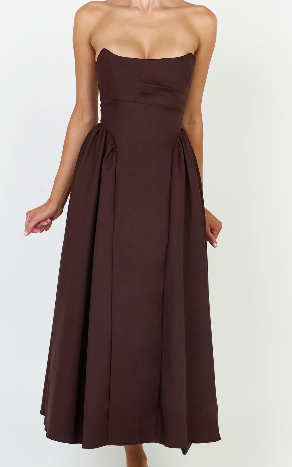Amara Maxi Dress - Strapless Fit And Flare Dress in Chocolate