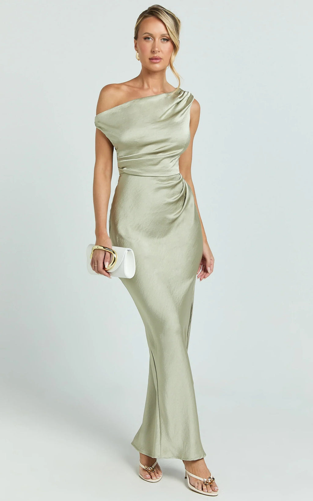Laurie Maxi Dress - One Shoulder Tie Detail Dress in Light Olive