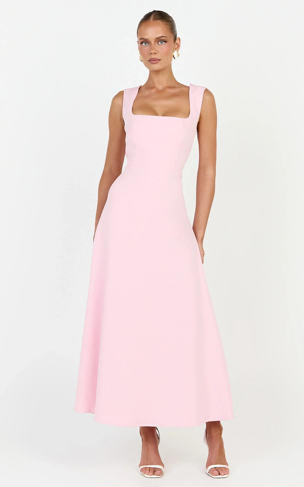 Zinnia Midi Dress - Square Neck A Line Dress in Pink