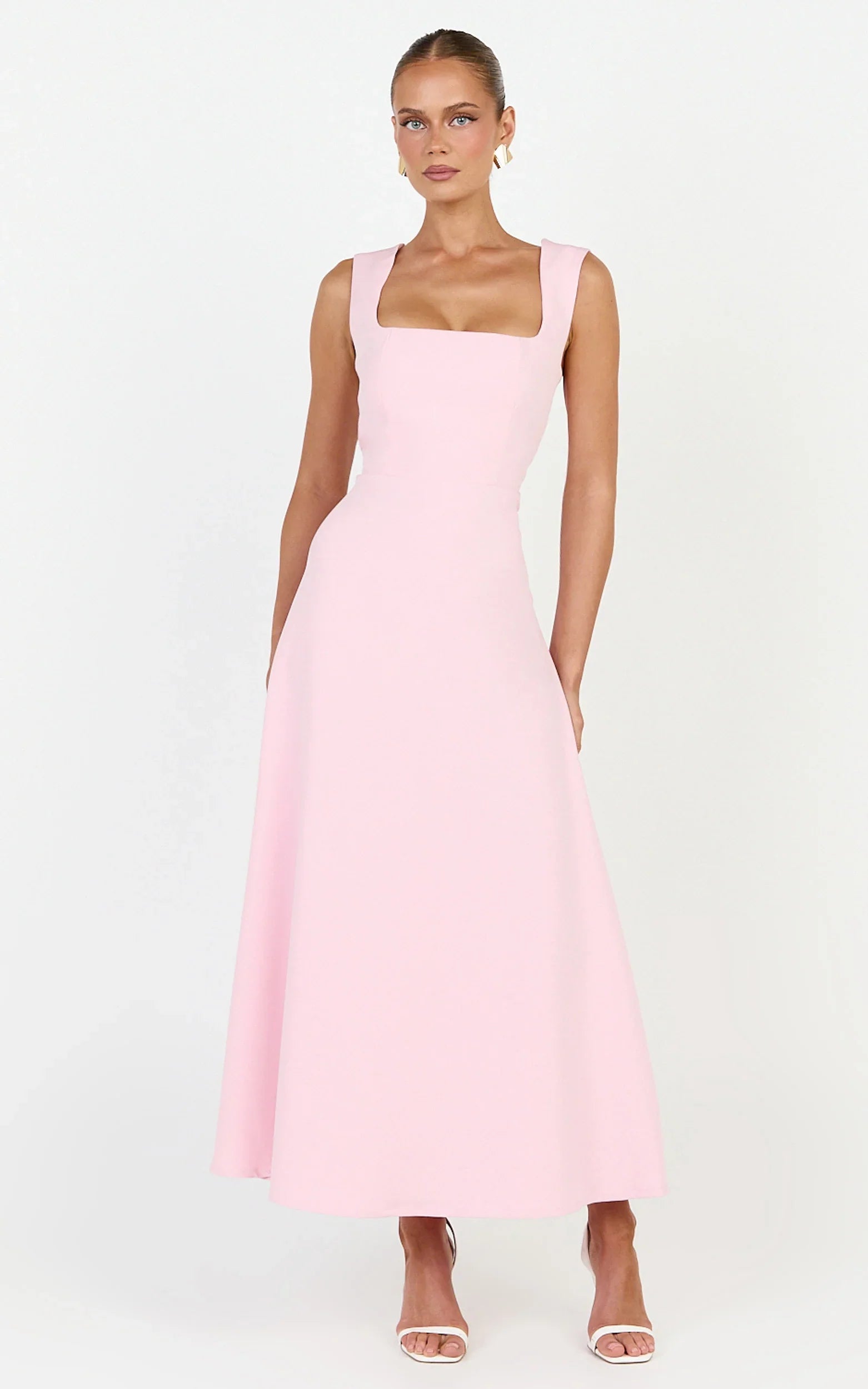 Zinnia Midi Dress - Square Neck A Line Dress in Pink