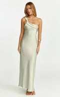 Calix Midi Dress - One Shoulder Slip Dress in Light Olive