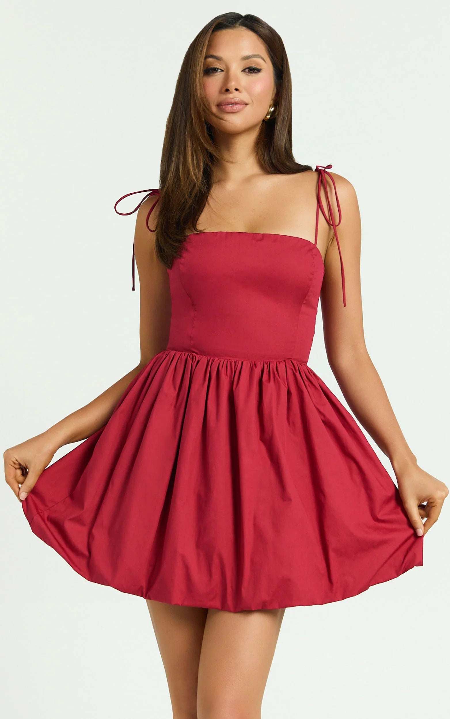 Kimberly Mini Dress - Square Neck Bubble Hem Dress in Red