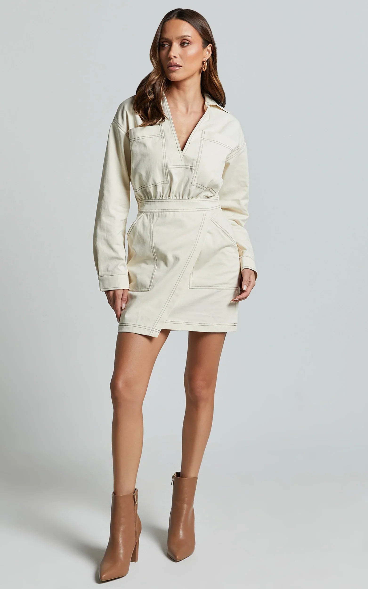 Lilianna Mini Dress - V Neck Long Sleeve Wrap Dress in Cream