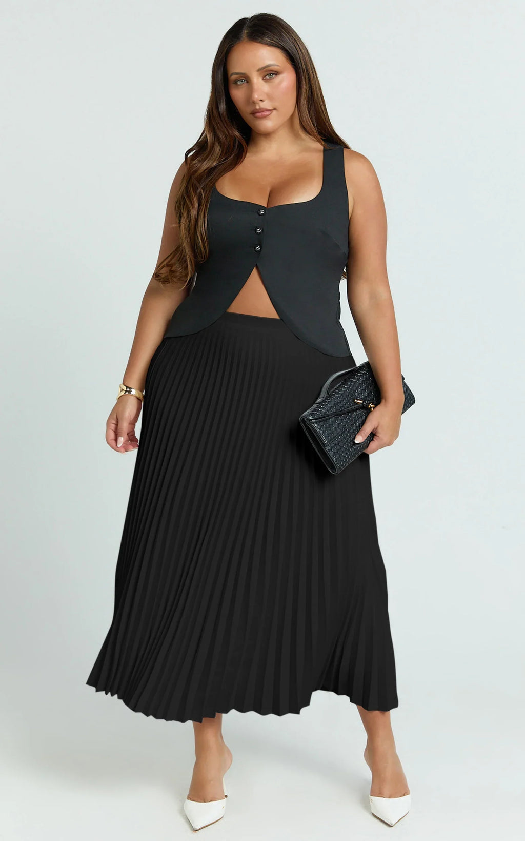 Harlee Midi Skirt - Pleated High Waist A Line Skirt in Black