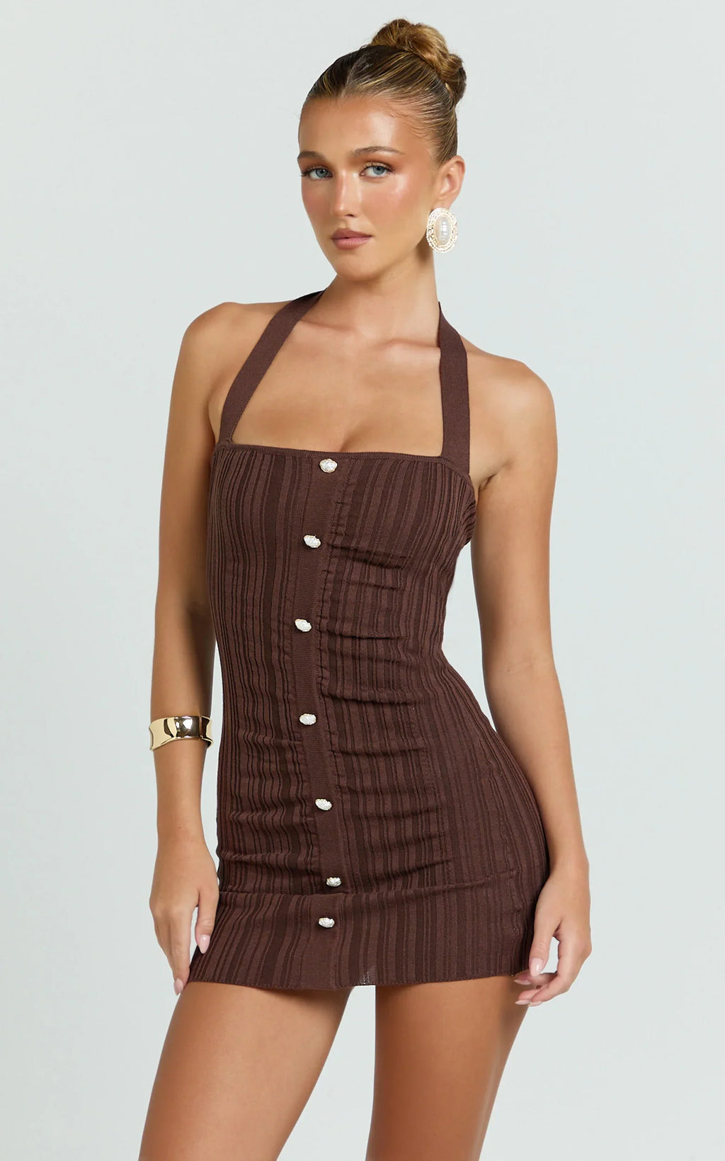 Julie Mini Dress - Halter Neck Button Front Bodycon Dress in Brown