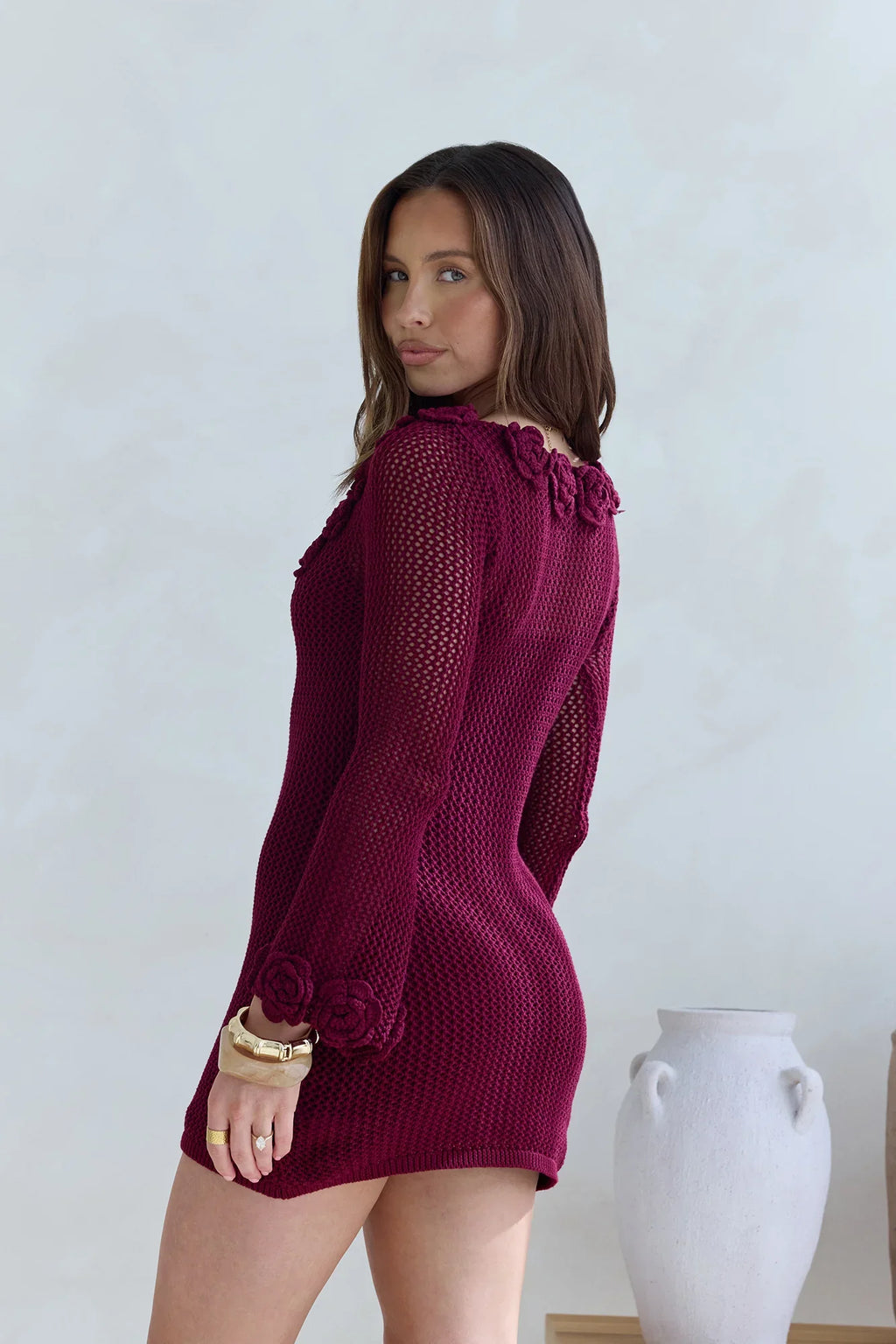 Rosy World Long Sleeve Knit Mini Dress Wine