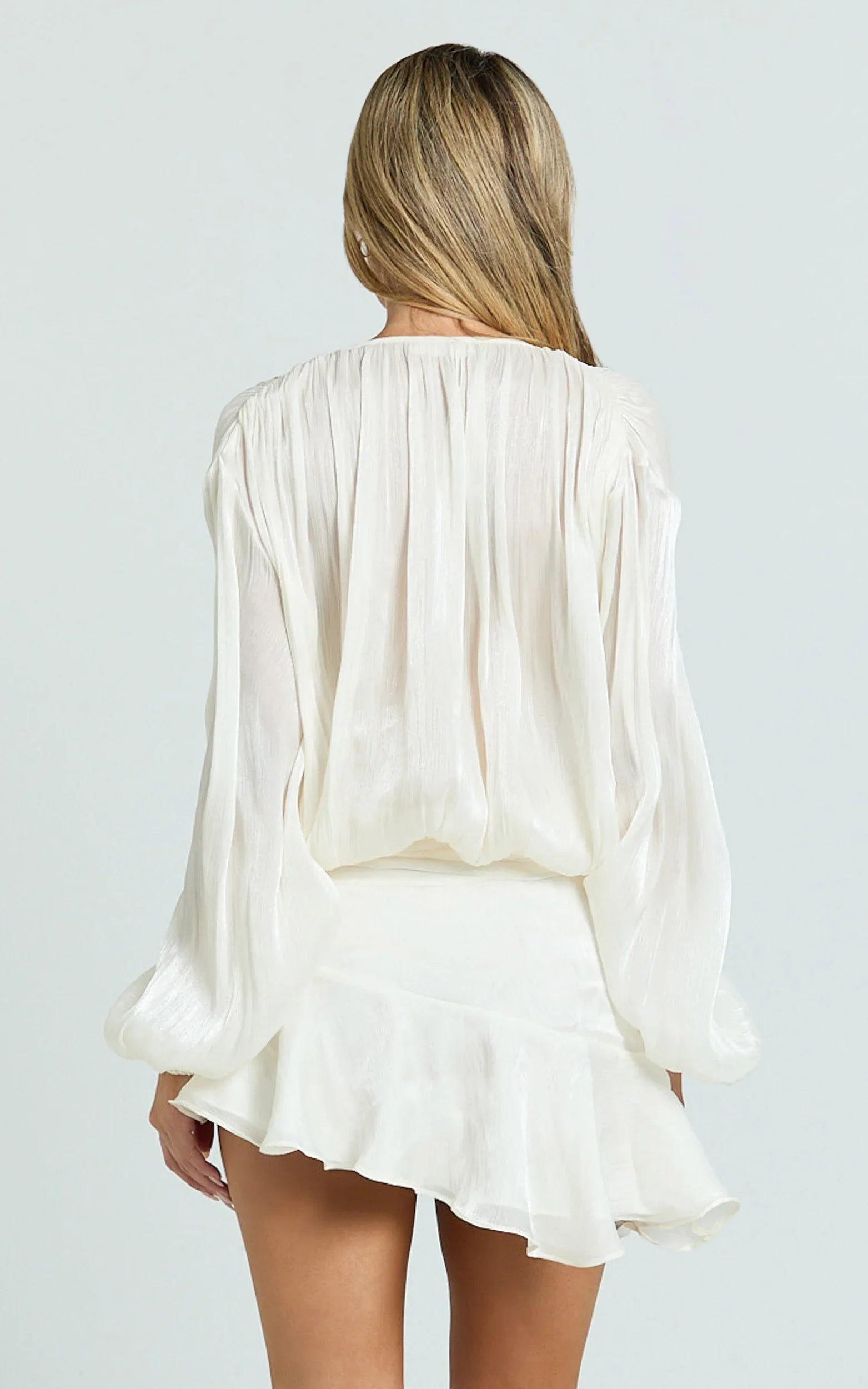 Carmela Mini Dress - Long Sleeve Tie Neck Ruffle Skirt Dress in Off White