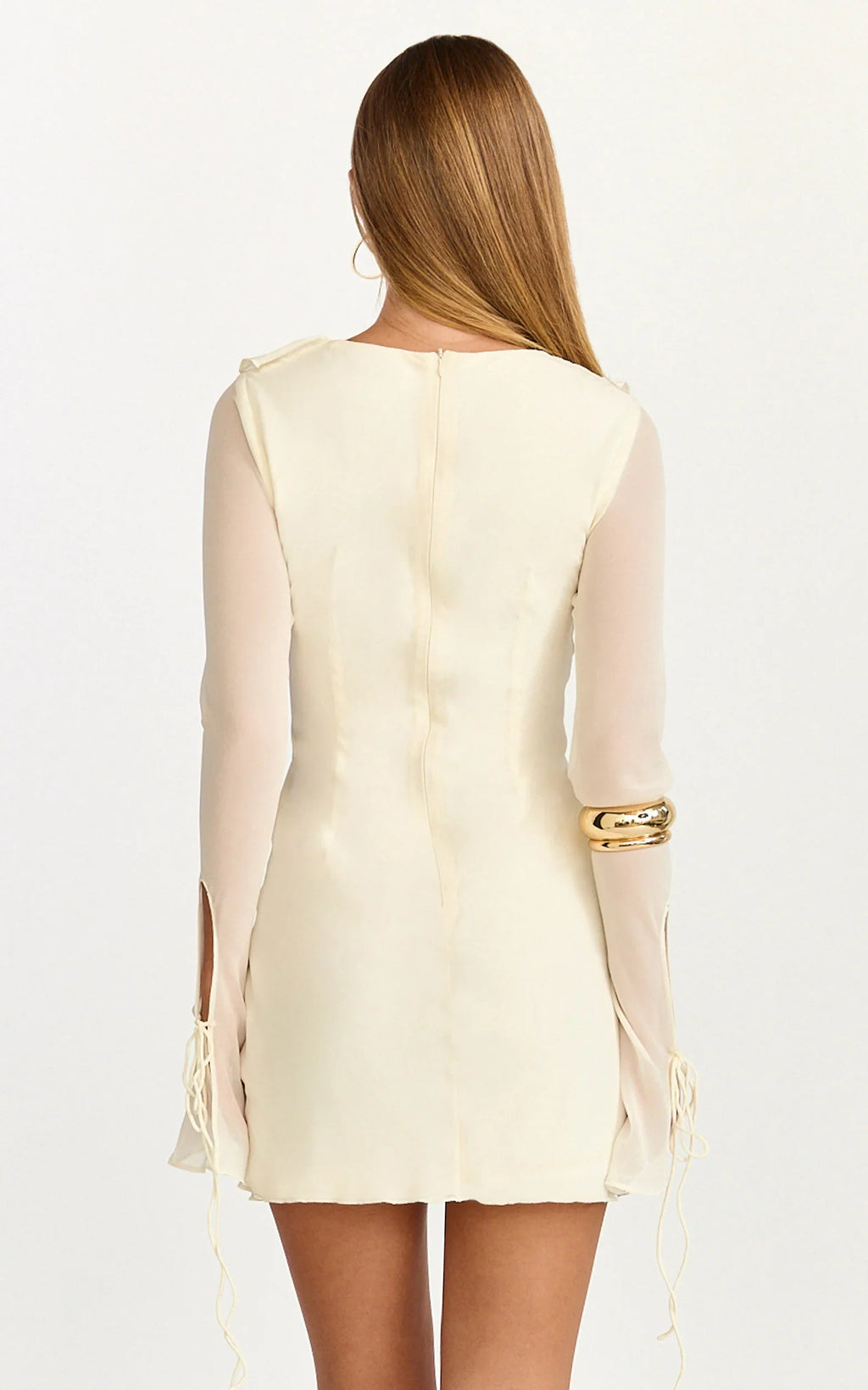 Alesya Mini Dress - Ruffle Plunge Neck Long Sleeve Tie Detail Dress in Cream