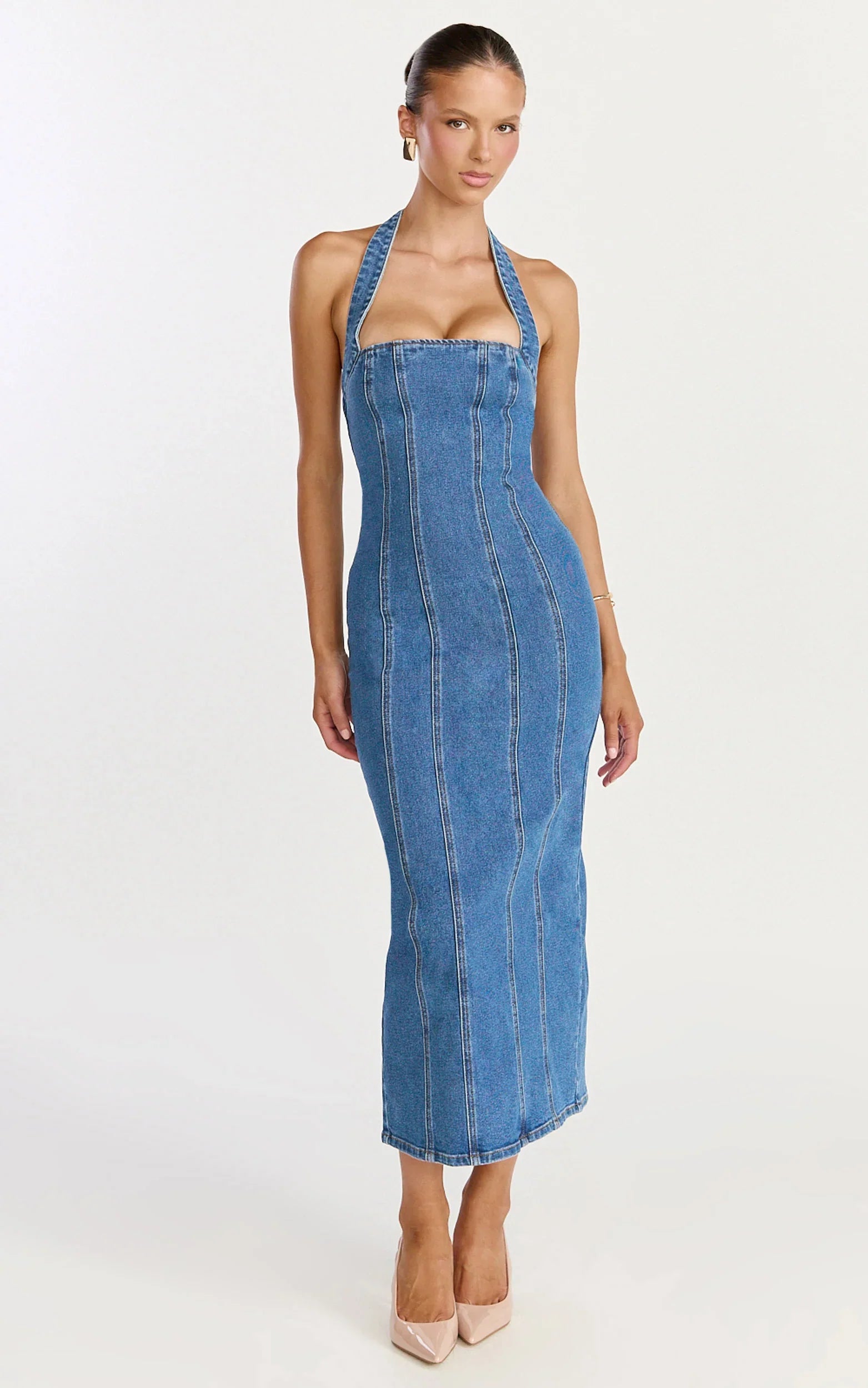 Skye Midi Dress - Halter Neck Panelled Denim Dress in Mid Blue Wash