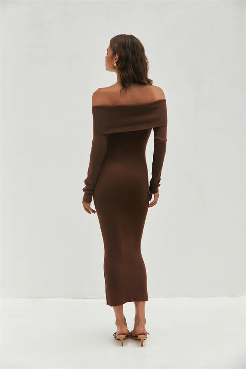 Angels Sing Off Shoulder Knit Maxi Dress Chocolate