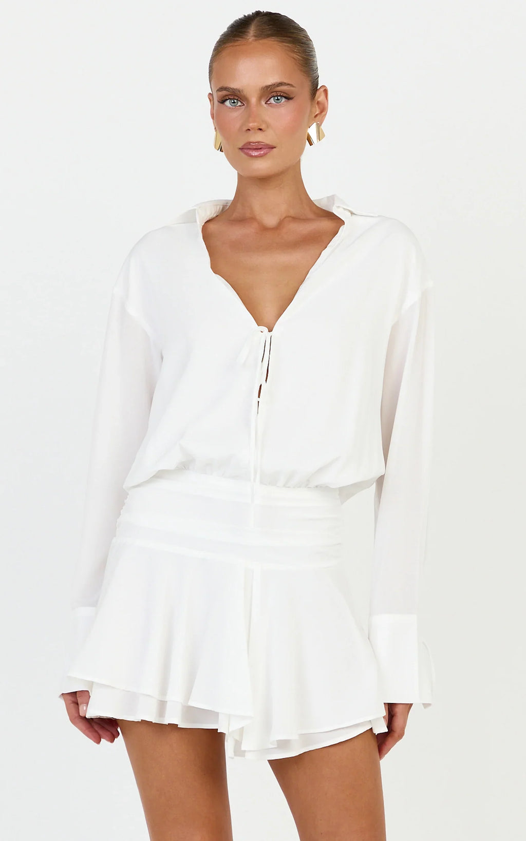 Melanie Mini Dress - Tie Front Long Sleeve Shirt Dress in White