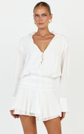 Melanie Mini Dress - Tie Front Long Sleeve Shirt Dress in White