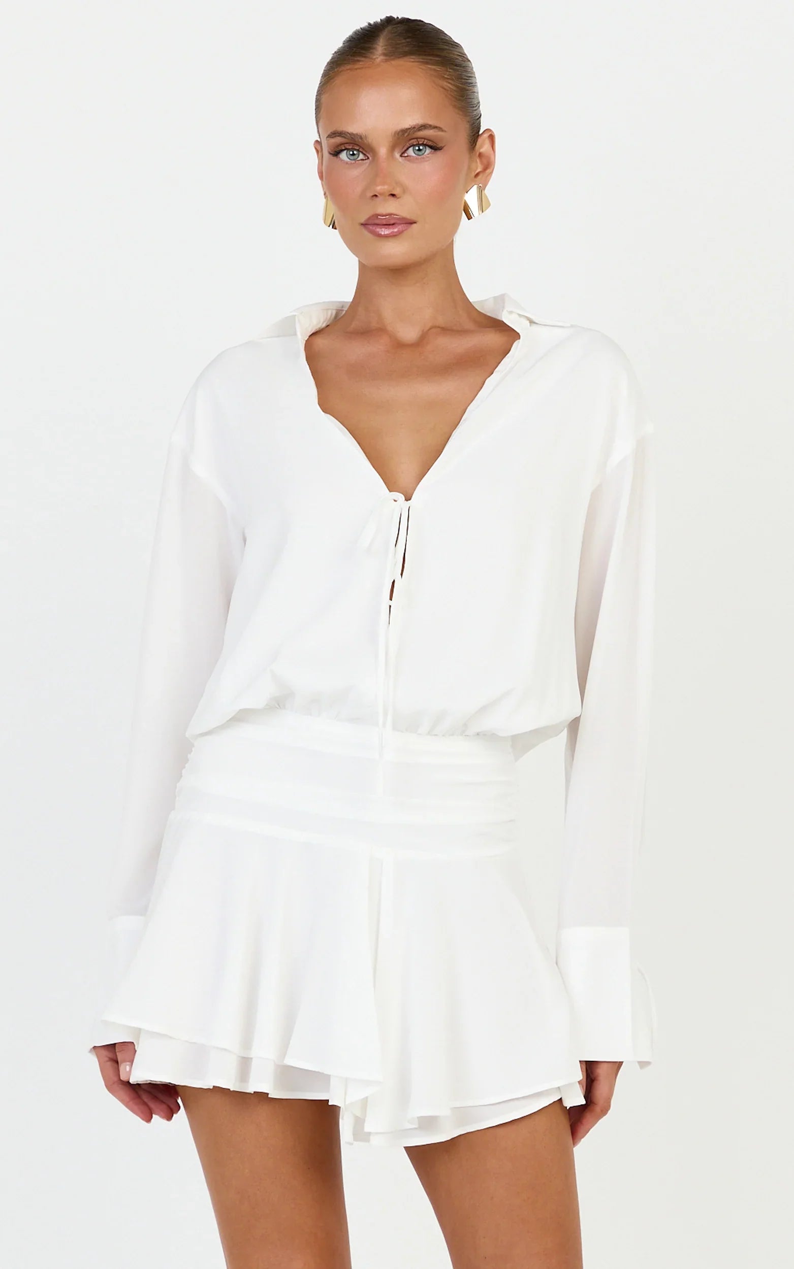 Melanie Mini Dress - Tie Front Long Sleeve Shirt Dress in White