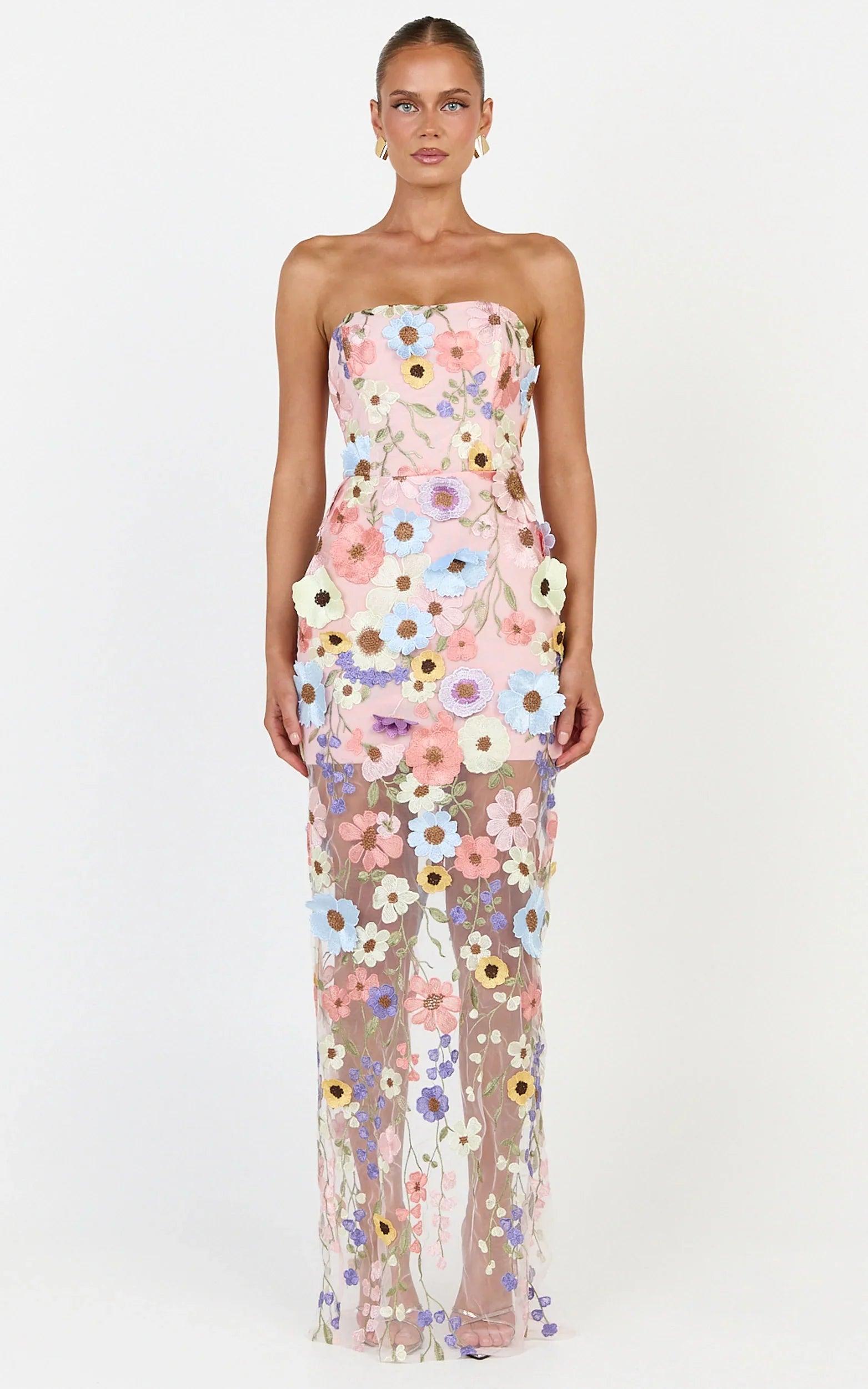 Sienna Maxi Dress - 3D Floral Strapless Column Dress in Multi