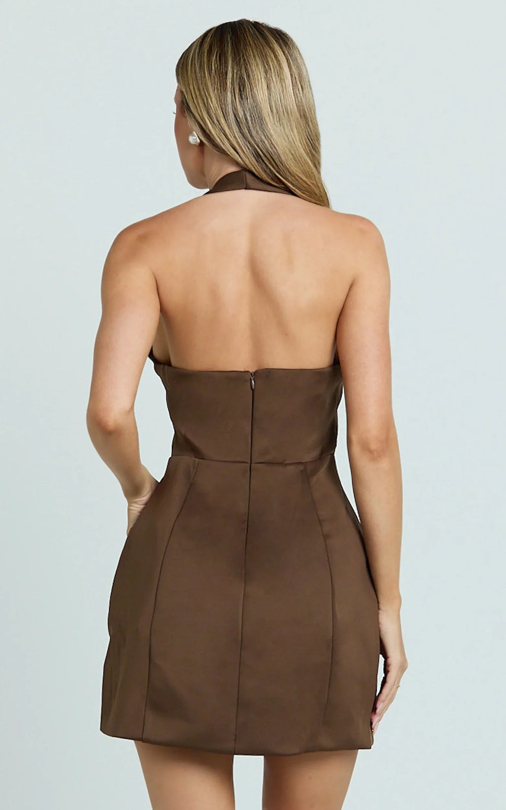 Gaia Mini Dress - Plunge Halter Fit and Flare Dress in Chocolate