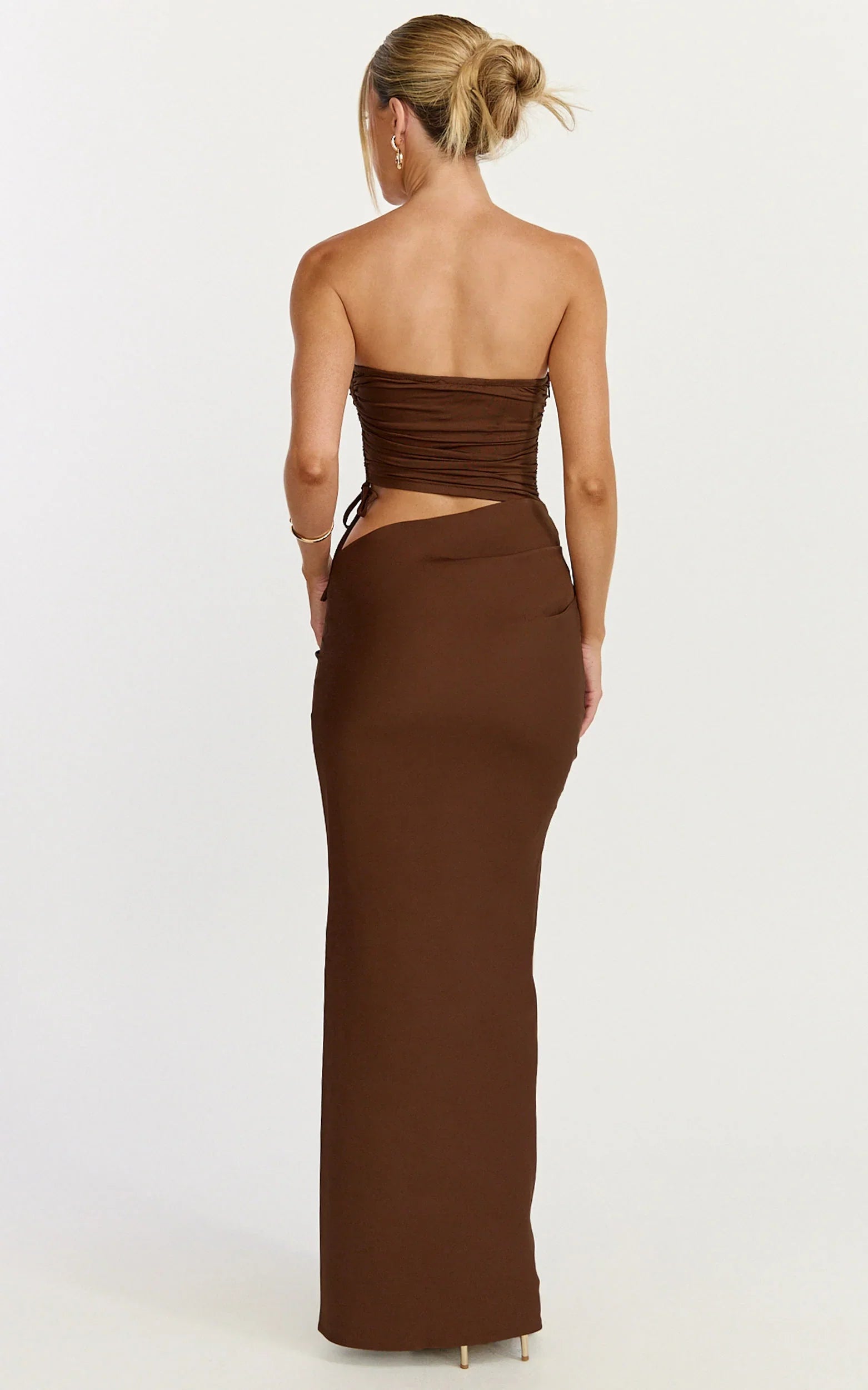 Fergie Maxi Dress - Strapless Side Ruched Cut Out Fitted Dress in chestnut brown
