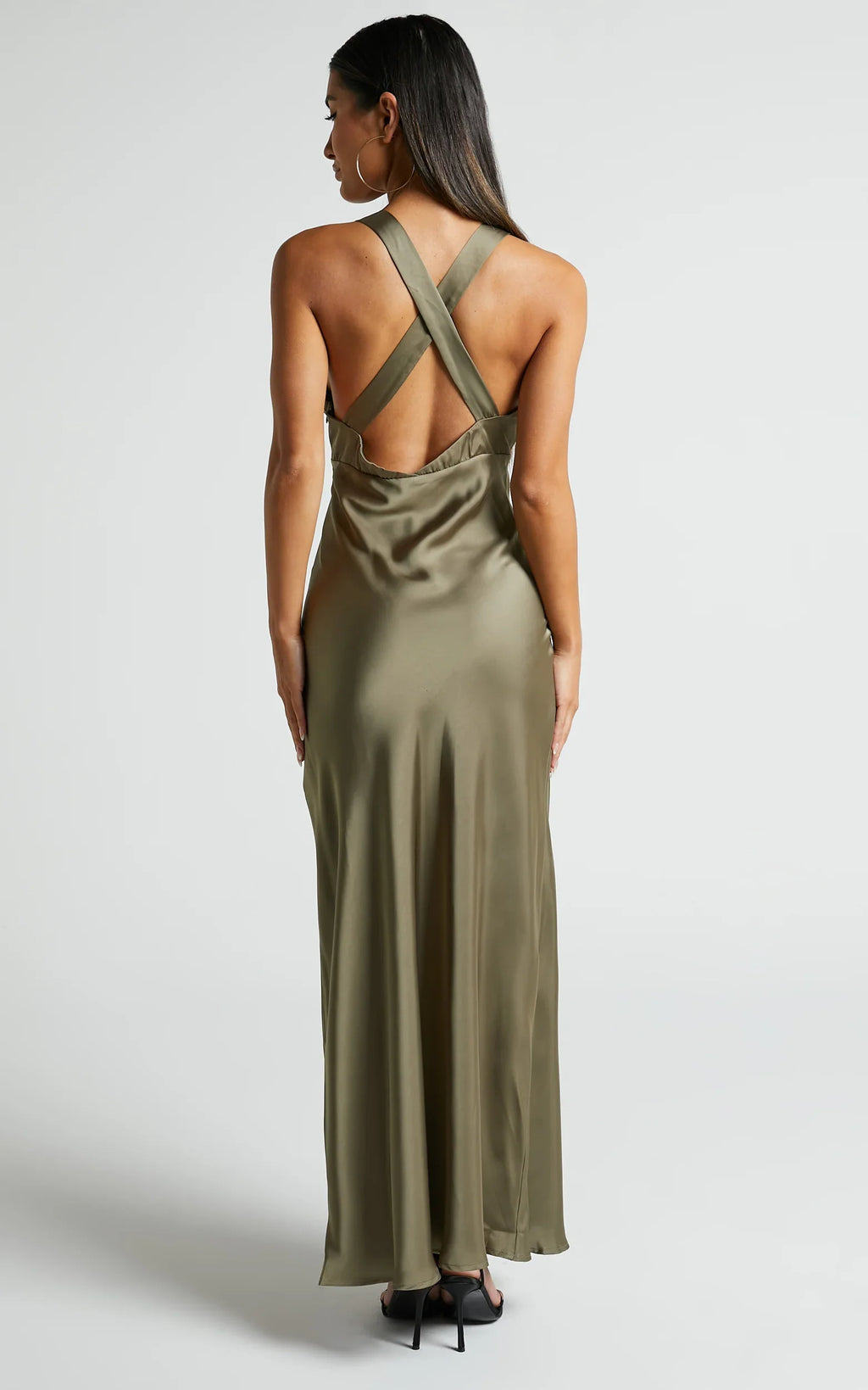 Khalani Maxi Dress - Deep V Neck Satin Slip Dress in Dark Olive