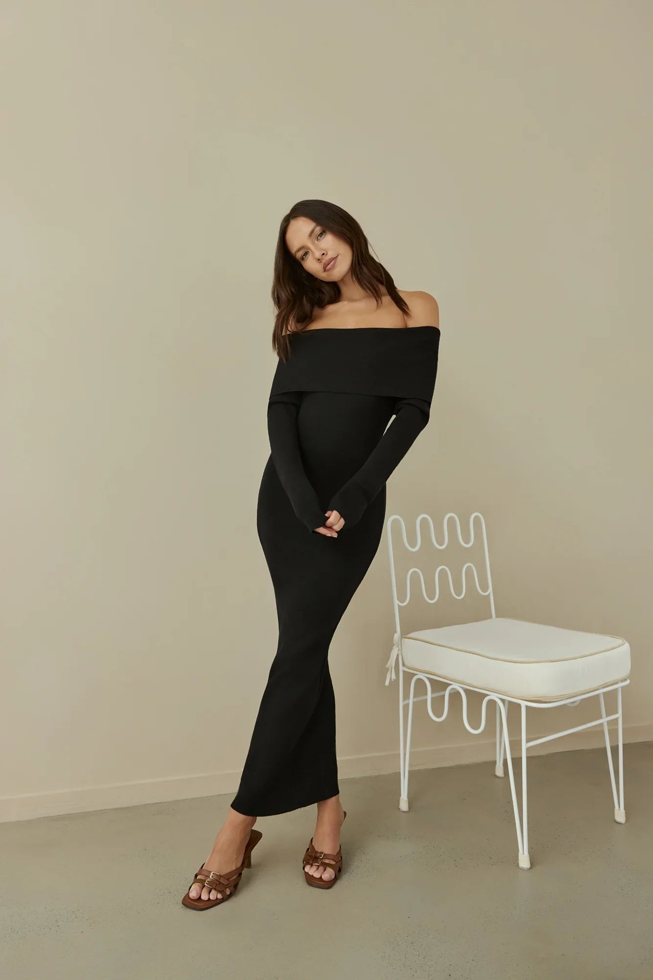 Angels Sing Off Shoulder Knit Maxi Dress Black