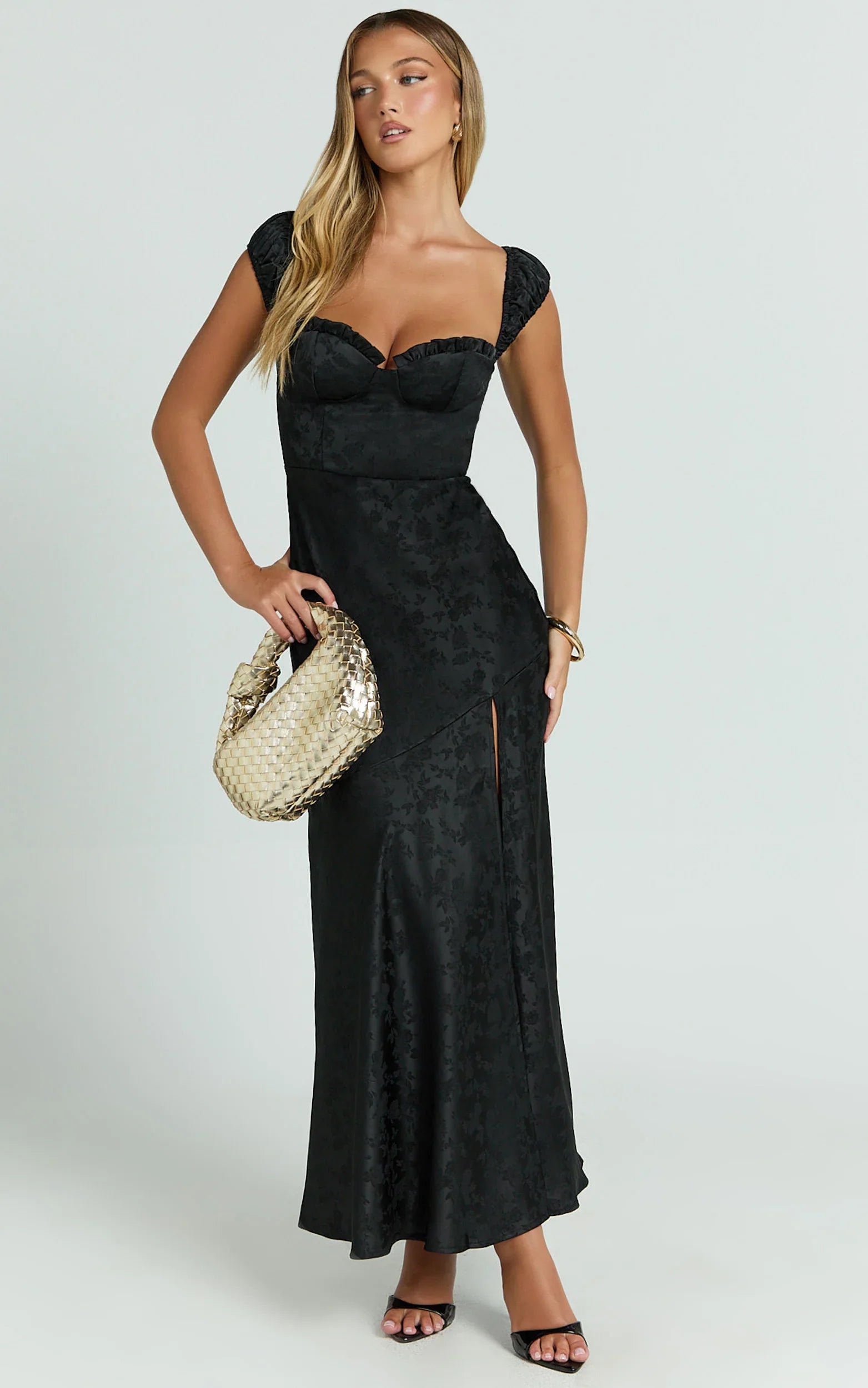 Vance Midi Dress - Ruched Cap Sleeve Bustier Bias Cut Dress in Black