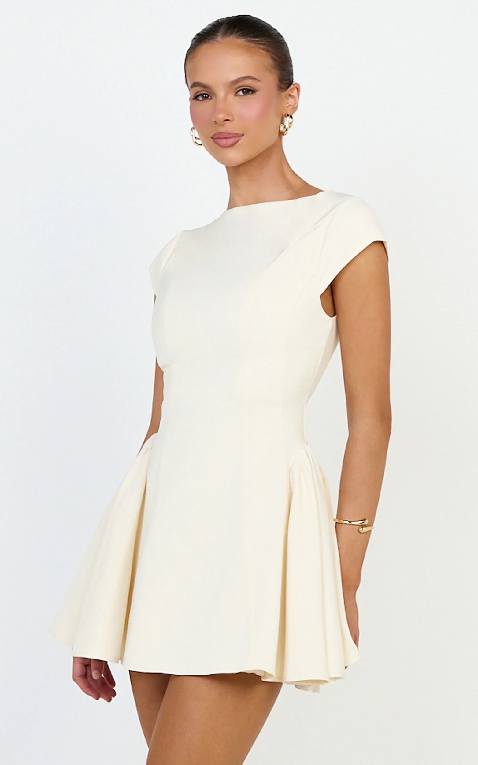 Lorayne Mini Dress - Cap Sleeve Gathered Hip Tie Back Mini Dress in Cream